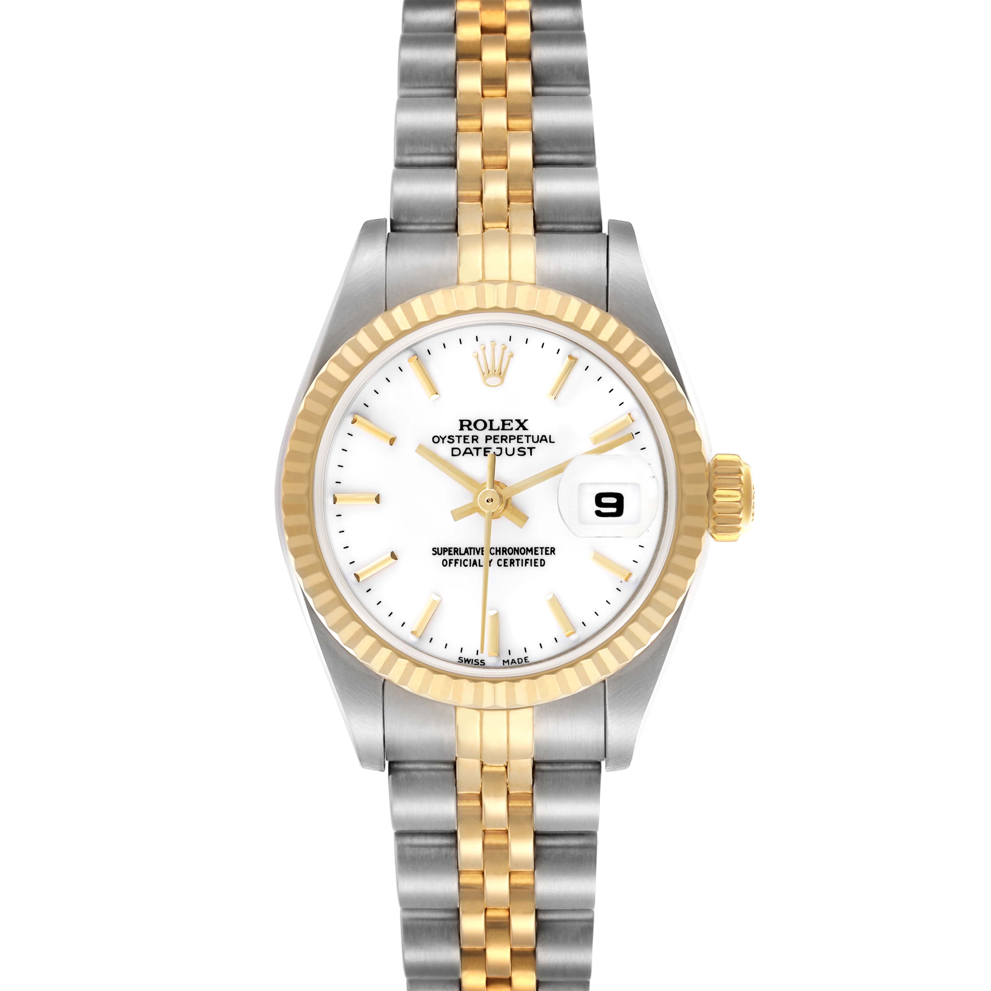 The Rolex Datejust 79173 Women
s Steel and Gold (two tone) White Dial 79173 Women
s Steel and Gold (two tone) White Dial watch is shown from a top view, featuring the face, bezel, and two-tone bracelet.