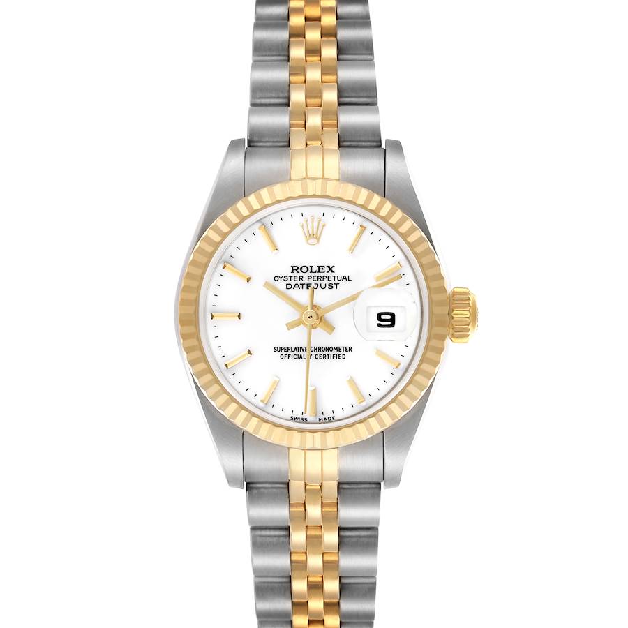 The Rolex Datejust watch is shown from a top view, featuring the face, bezel, and two-tone bracelet.