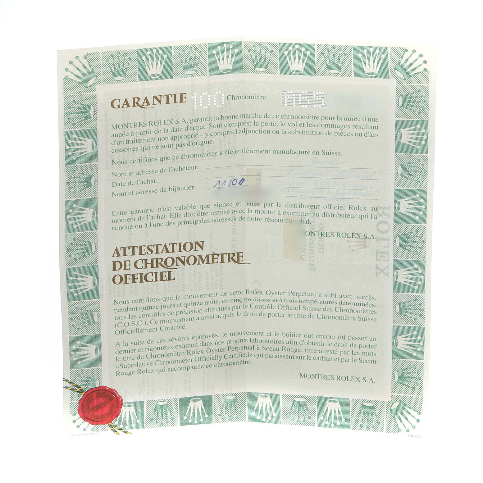 The image shows a warranty certificate for the Rolex Datejust 79173 Women
s Steel and Gold (two tone) White Dial 79173 Women
s Steel and Gold (two tone) White Dial, featuring the brand
s logo and official details.