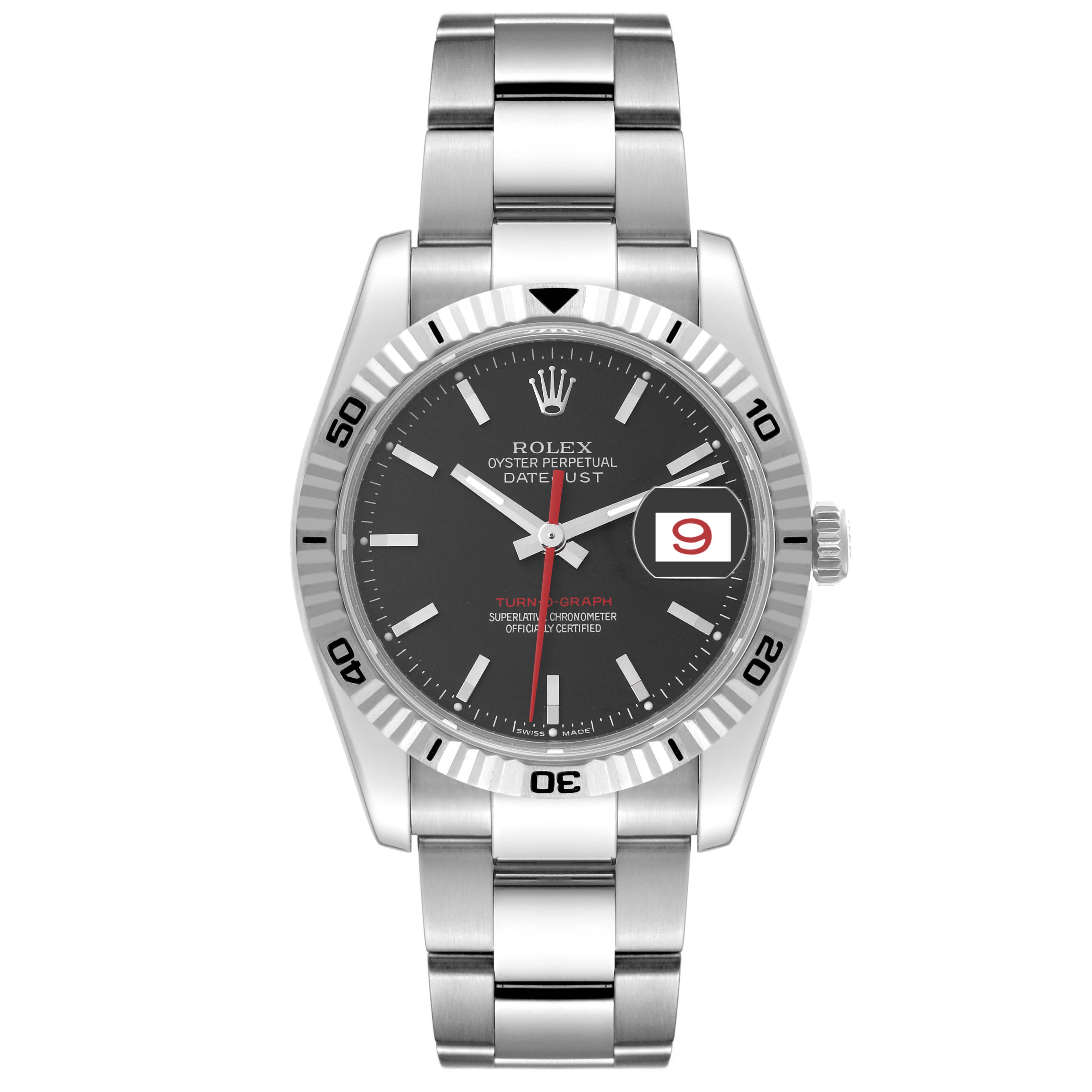 This image shows a frontal view of the Rolex Turn-o-Graph 116264 Men's Stainless Steel Black Dial 116264 Men's Stainless Steel Black Dial watch, highlighting the dial, bezel, case, bracelet, and date window.