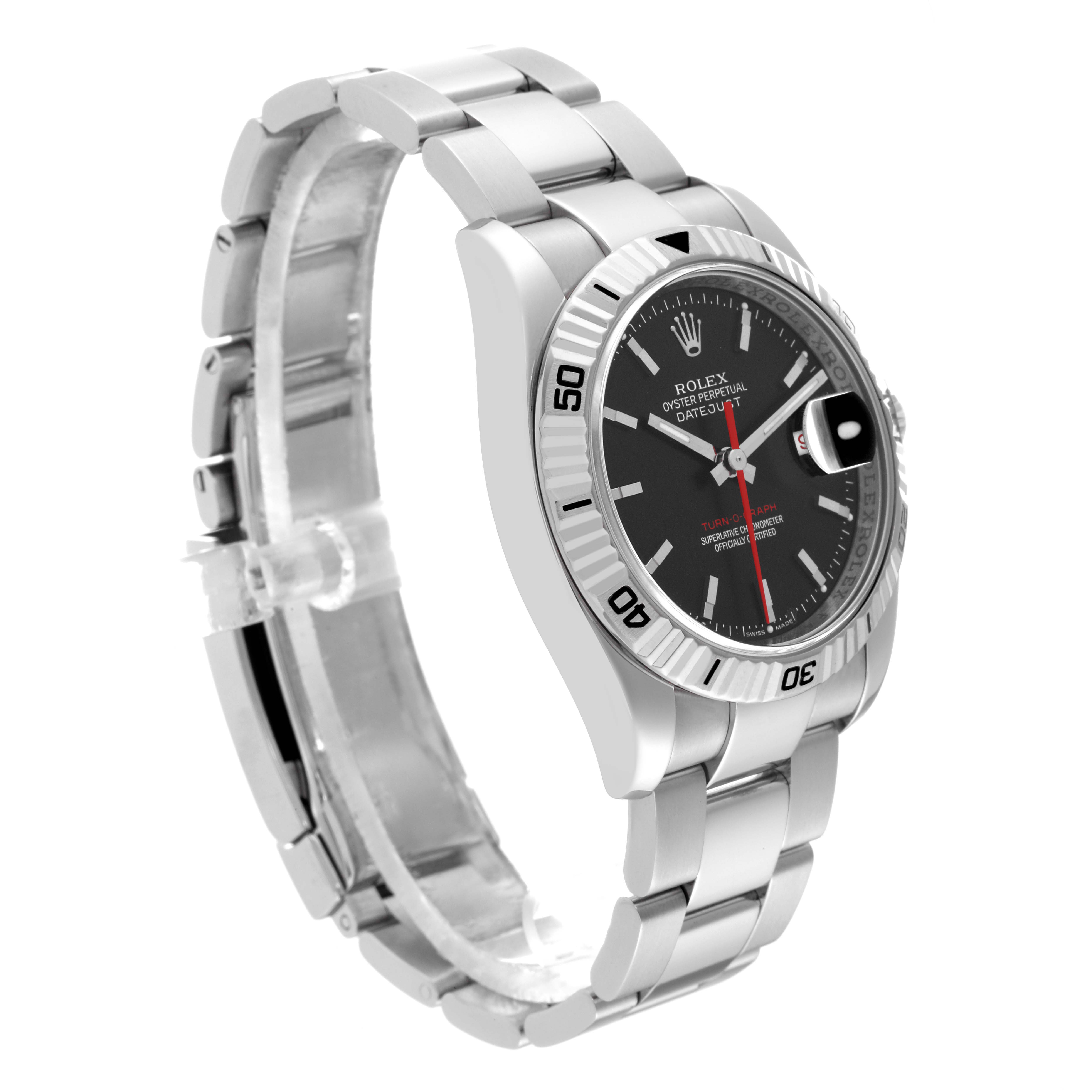 The Rolex Turn-o-Graph 116264 Men's Stainless Steel Black Dial 116264 Men's Stainless Steel Black Dial watch is shown at a three-quarter angle, displaying the face, bracelet, clasp, and bezel.