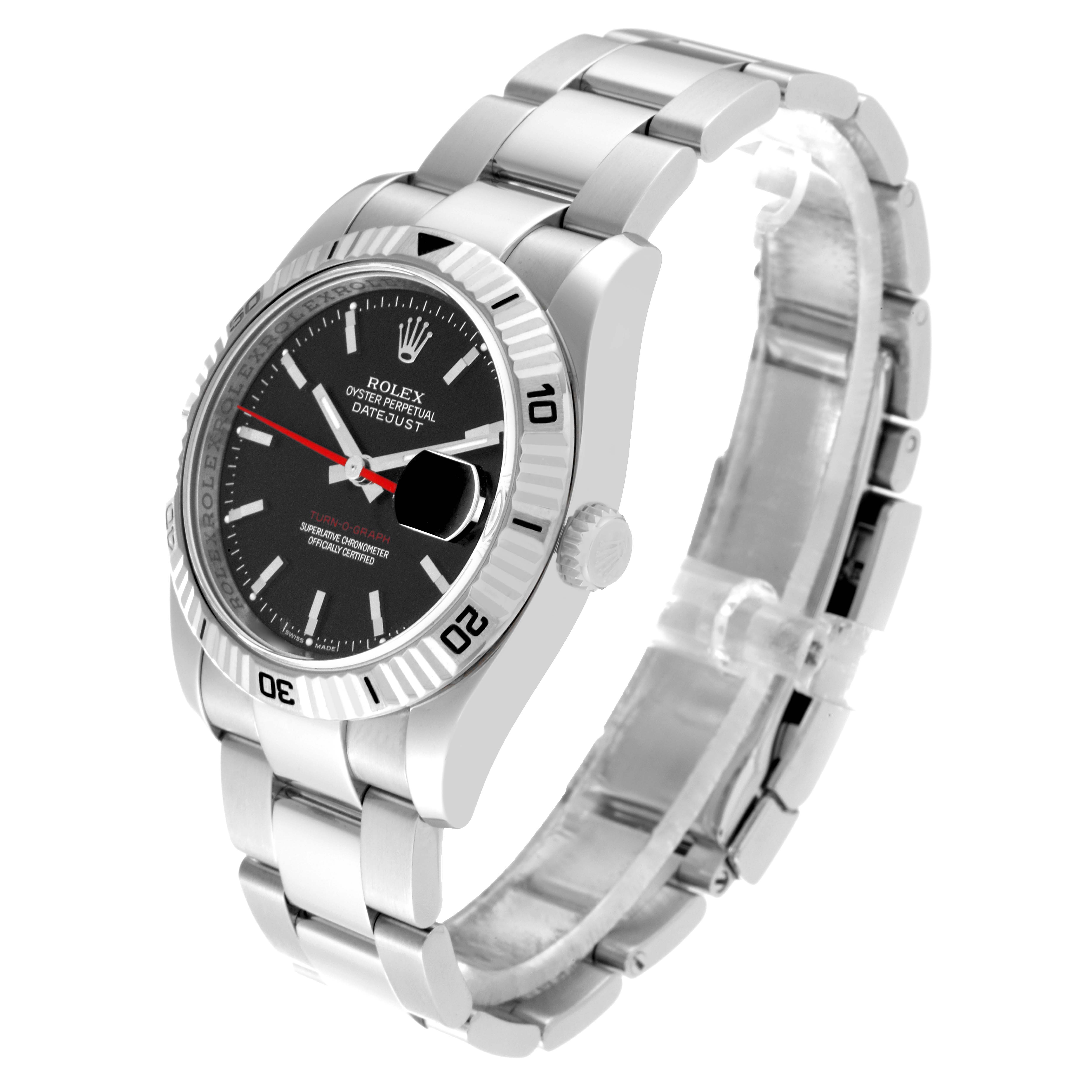 The Rolex Turn-o-Graph 116264 Men's Stainless Steel Black Dial 116264 Men's Stainless Steel Black Dial watch is shown at a three-quarter angle emphasizing its face, bezel, crown, and bracelet.