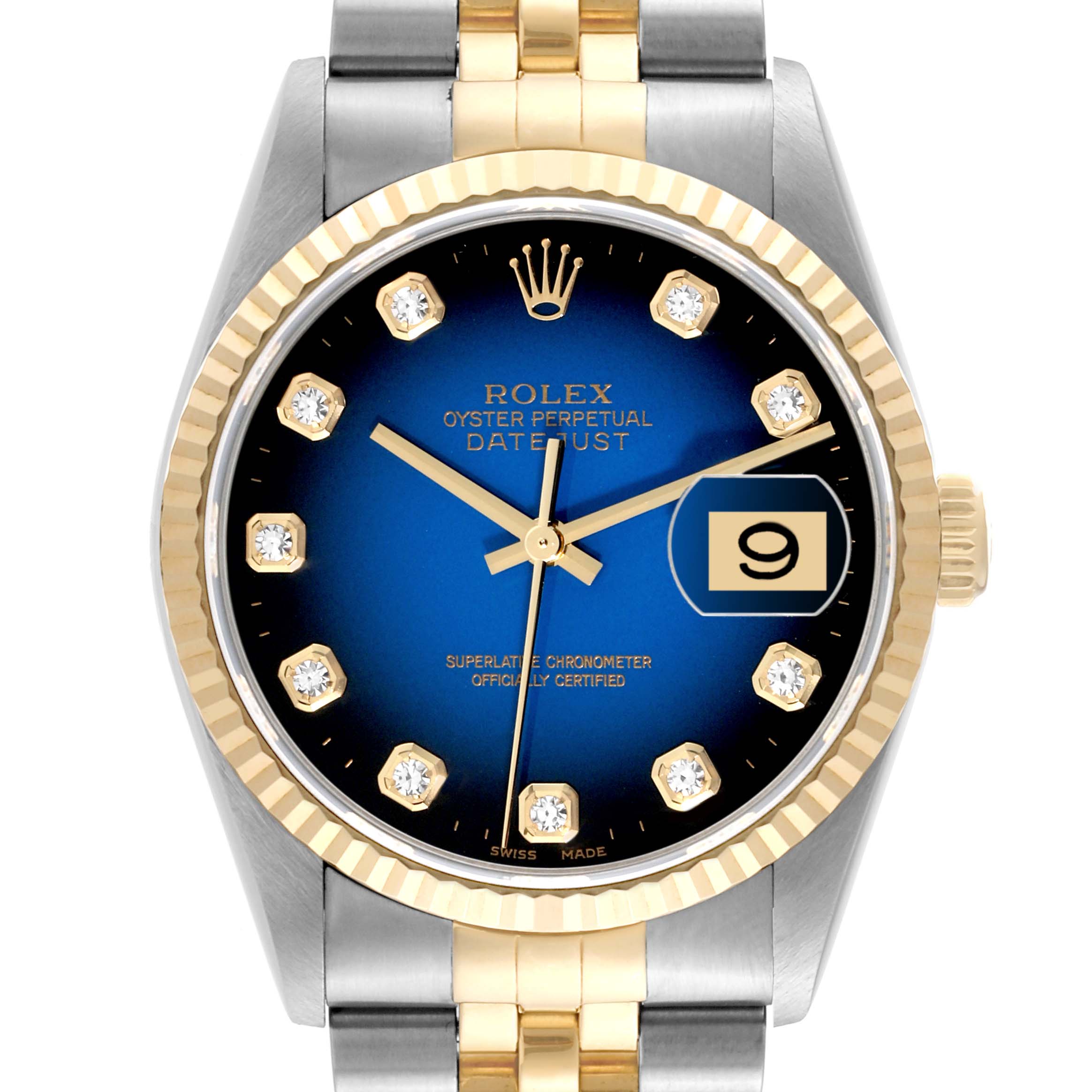 The image shows a front view of the Rolex Datejust 16233 Men's Steel and Gold (two tone) Blue Dial 16233 Men's Steel and Gold (two tone) Blue Dial watch face, highlighting its blue dial, date window, and two-tone bracelet.