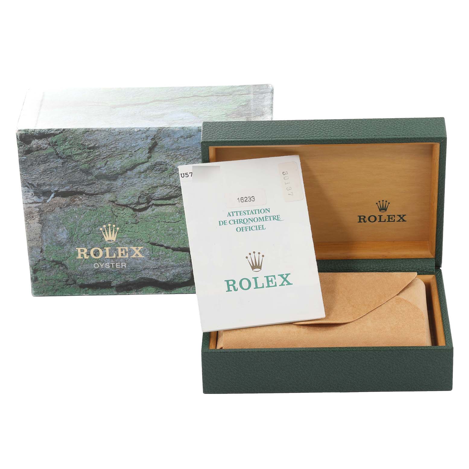 The image shows the Rolex Datejust 16233 Men's Steel and Gold (two tone) Blue Dial 16233 Men's Steel and Gold (two tone) Blue Dial watch's box, warranty paperwork, and packaging accessories.