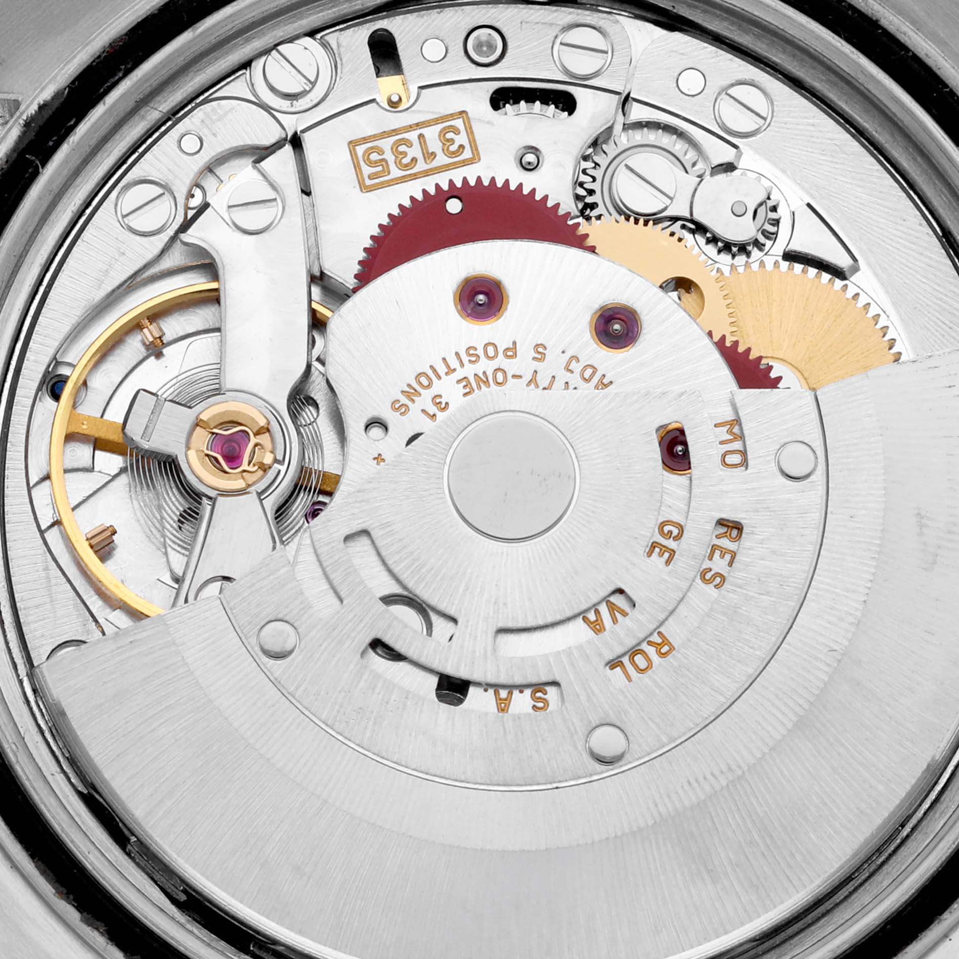 The image shows a close-up view of the movement components inside a Rolex Datejust 16233 Men's Steel and Gold (two tone) Blue Dial 16233 Men's Steel and Gold (two tone) Blue Dial watch.