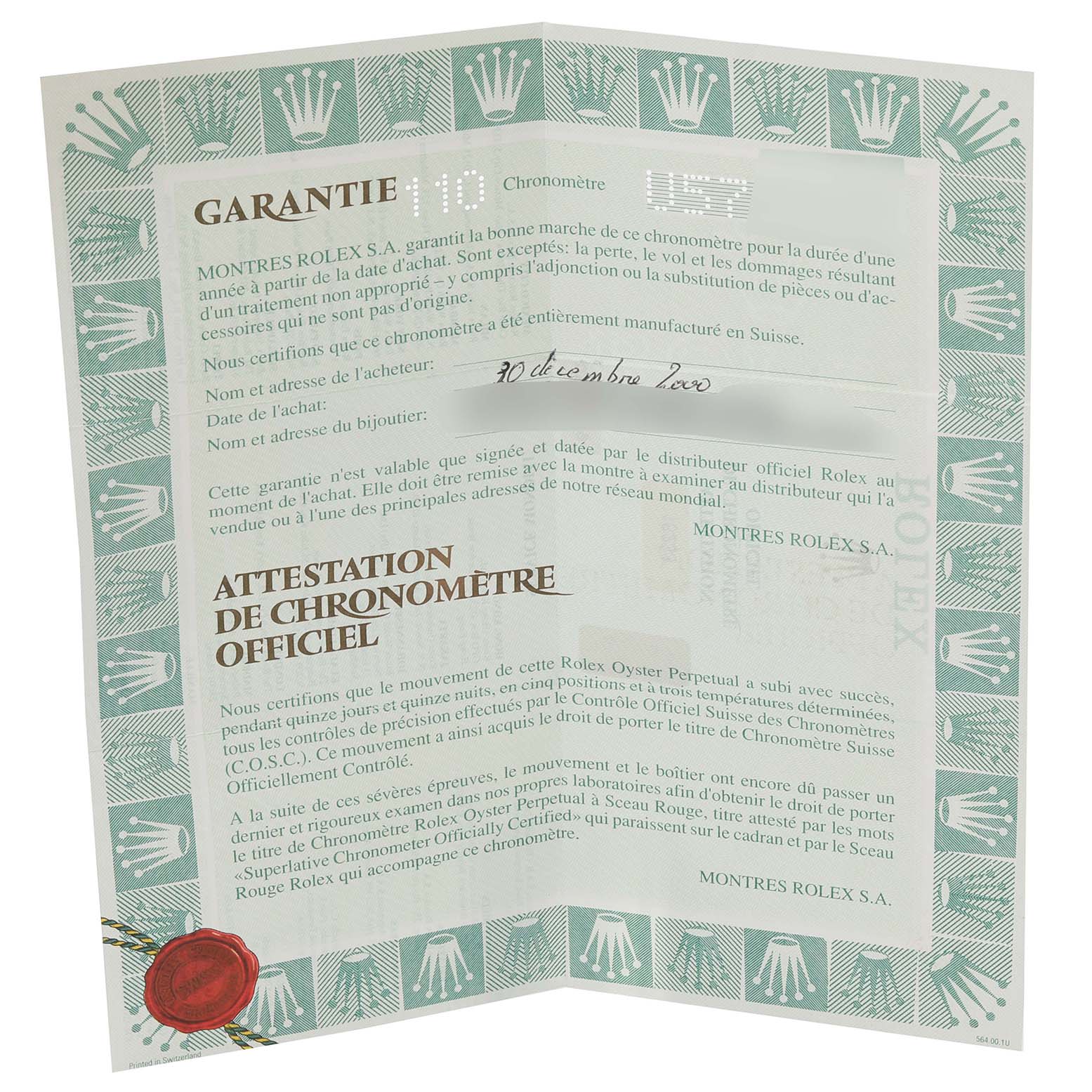 The image shows the certificate and warranty for a Rolex Datejust 16233 Men's Steel and Gold (two tone) Blue Dial 16233 Men's Steel and Gold (two tone) Blue Dial watch, prominently featuring the Rolex logo and text.