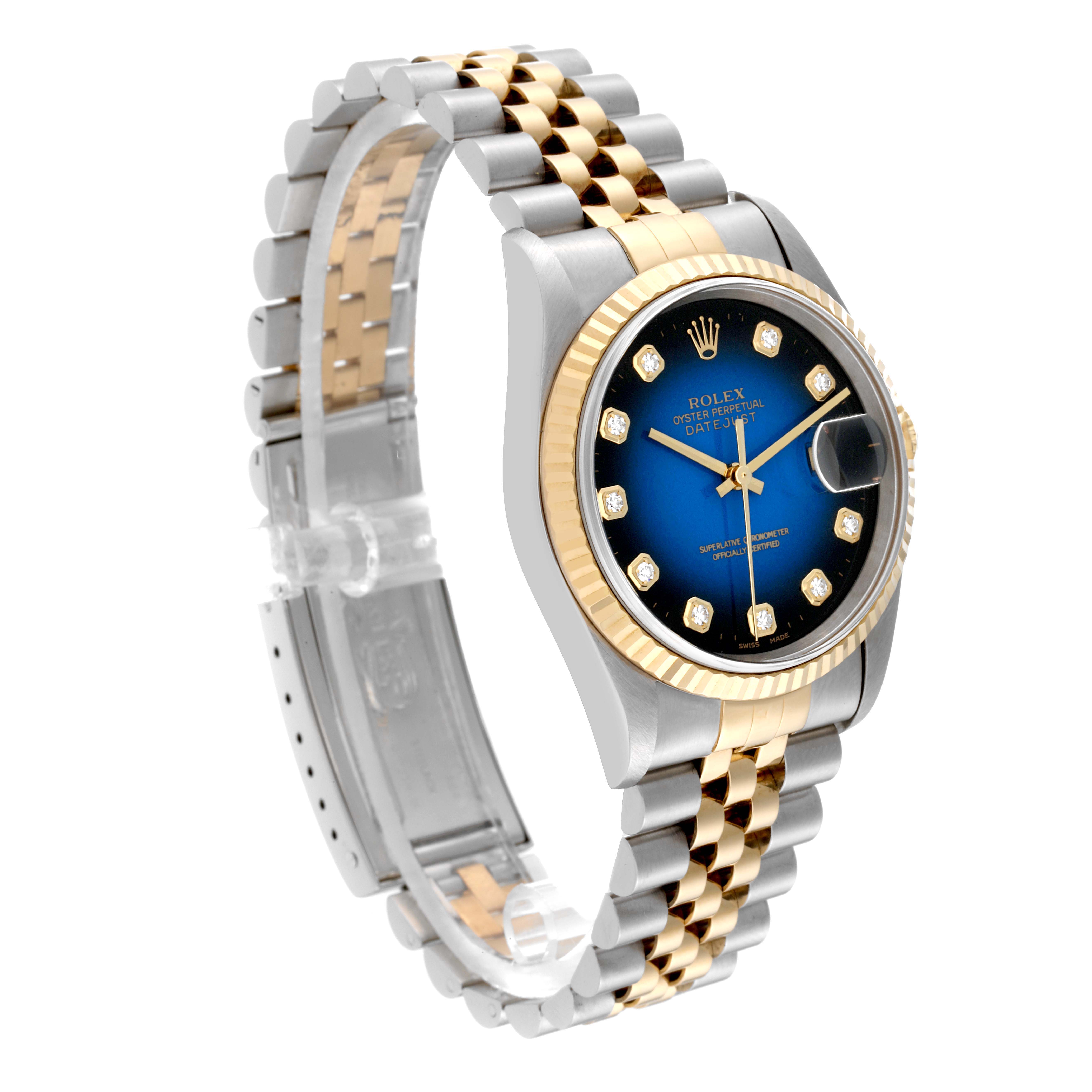 The Rolex Datejust 16233 Men's Steel and Gold (two tone) Blue Dial 16233 Men's Steel and Gold (two tone) Blue Dial watch is shown at an angled view, displaying the bracelet, case, bezel, and blue diamond dial.