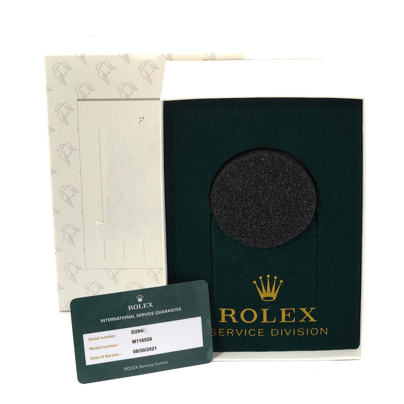 This image shows a Rolex service box and card for the Daytona model, with no visible watch.