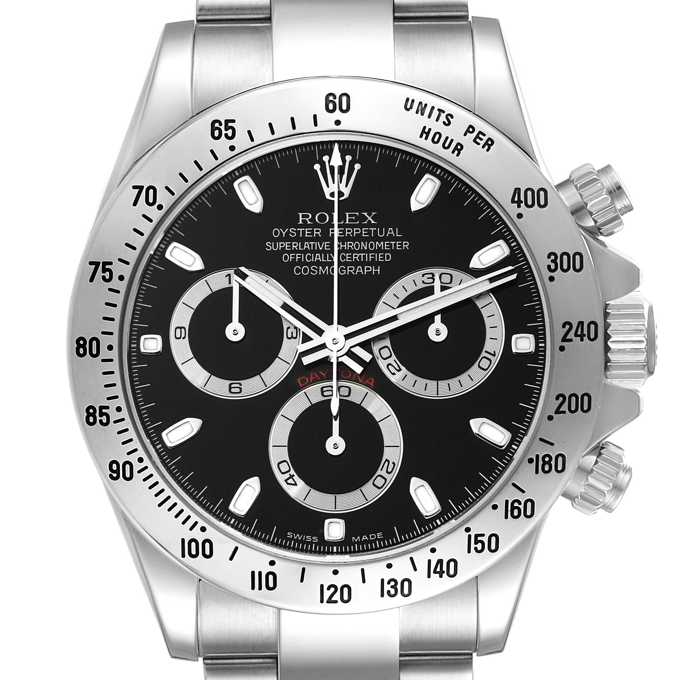 The image shows a front view of the Rolex Daytona 116520 Men's Stainless Steel Black Dial 116520 Men's Stainless Steel Black Dial watch, displaying its face, bezel, pushers, and crown.
