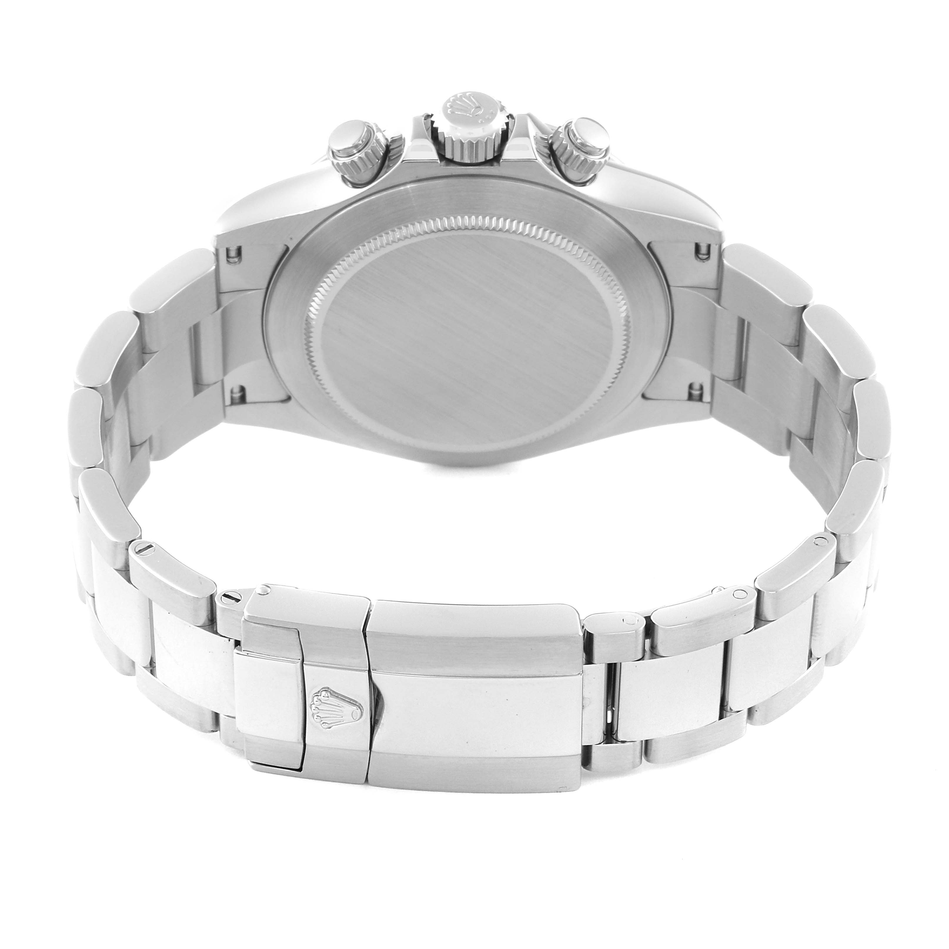 This image shows the backside and bracelet clasp of a Rolex Daytona 116520 Men's Stainless Steel Black Dial 116520 Men's Stainless Steel Black Dial watch in a rear view angle.