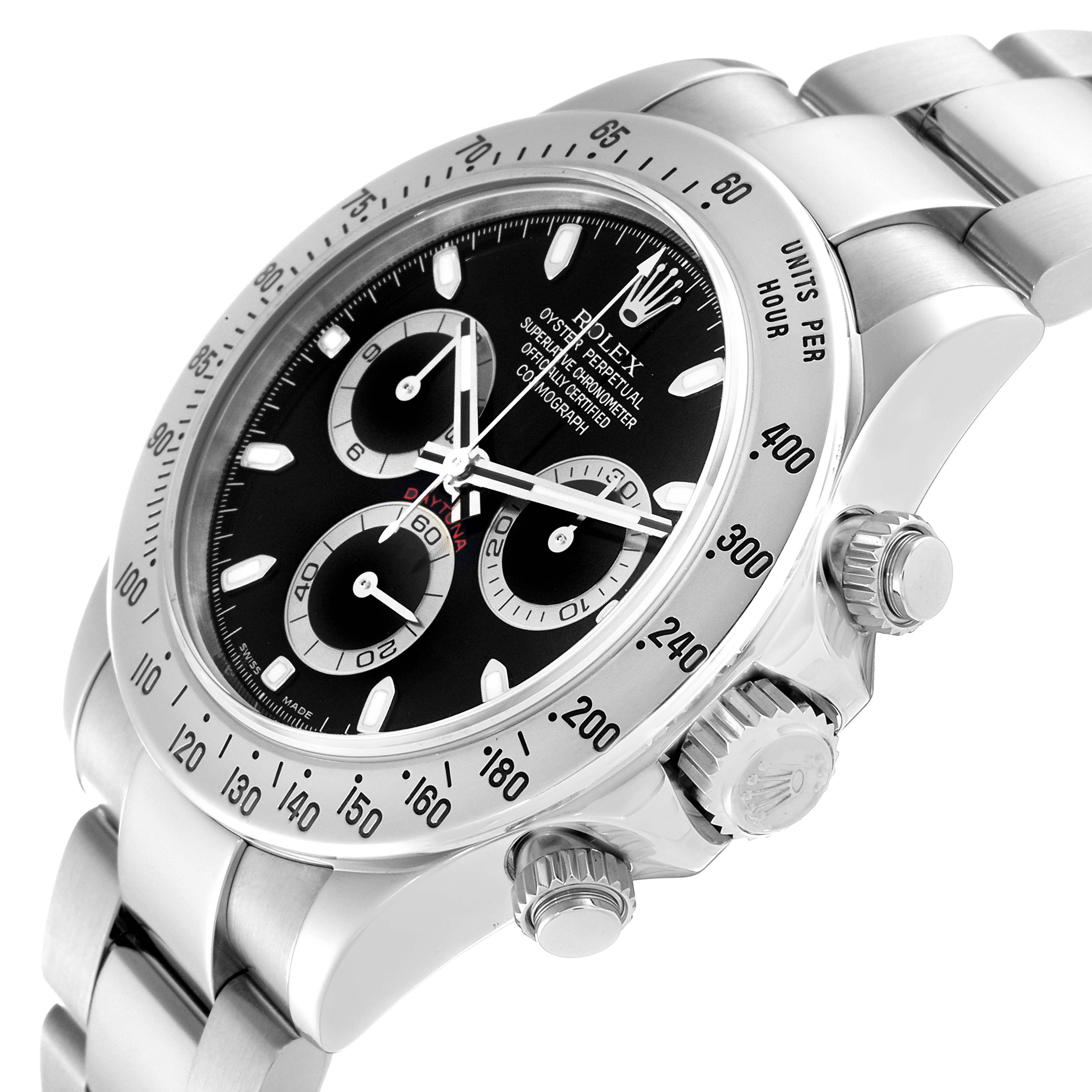 This image shows a close-up angled view of the Rolex Daytona 116520 Men's Stainless Steel Black Dial 116520 Men's Stainless Steel Black Dial watch, including its face, bezel, crown, and side buttons.