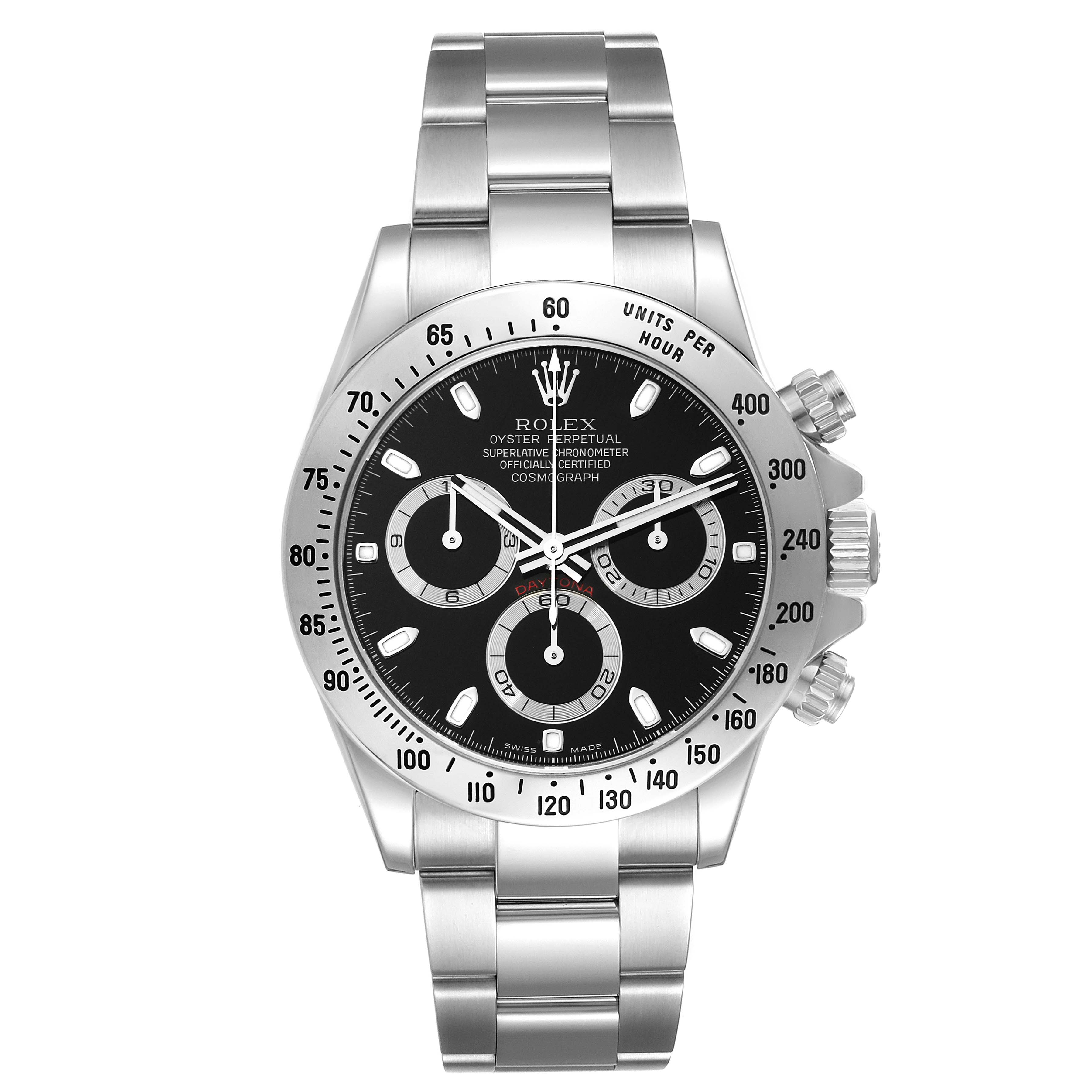 This image shows a frontal view of a Rolex Daytona 116520 Men's Stainless Steel Black Dial 116520 Men's Stainless Steel Black Dial watch, highlighting its black dial, chronograph subdials, and stainless steel bracelet.
