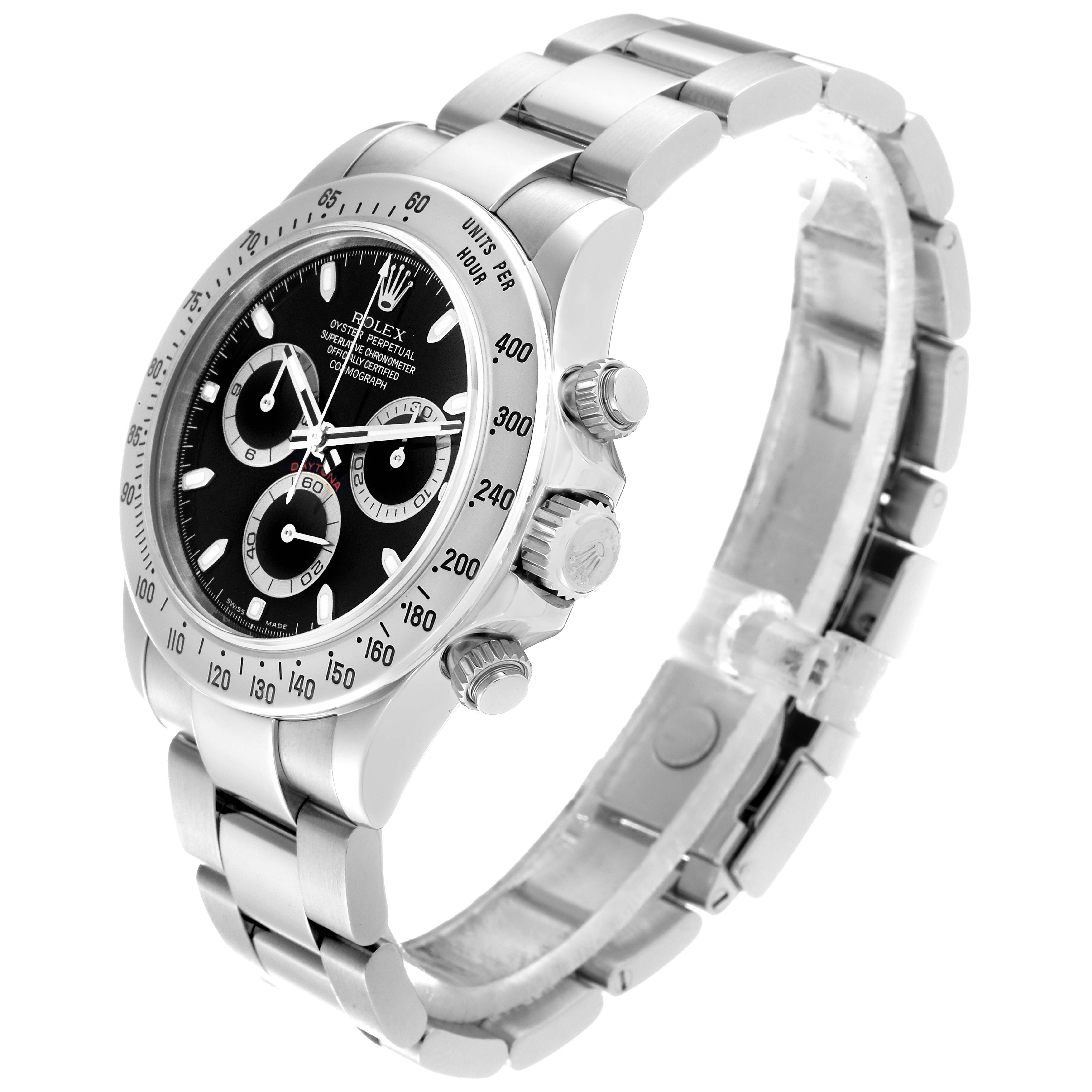 The image shows a side angle of a Rolex Daytona 116520 Men's Stainless Steel Black Dial 116520 Men's Stainless Steel Black Dial watch, highlighting its dial, bezel, crown, and chronograph pushers.