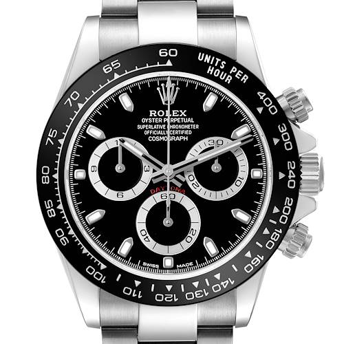 The Rolex Daytona 116500LN Men's Stainless Steel Black Dial watch is shown from a frontal angle, highlighting its black dial, tachymetric bezel, and chronograph sub-dials.