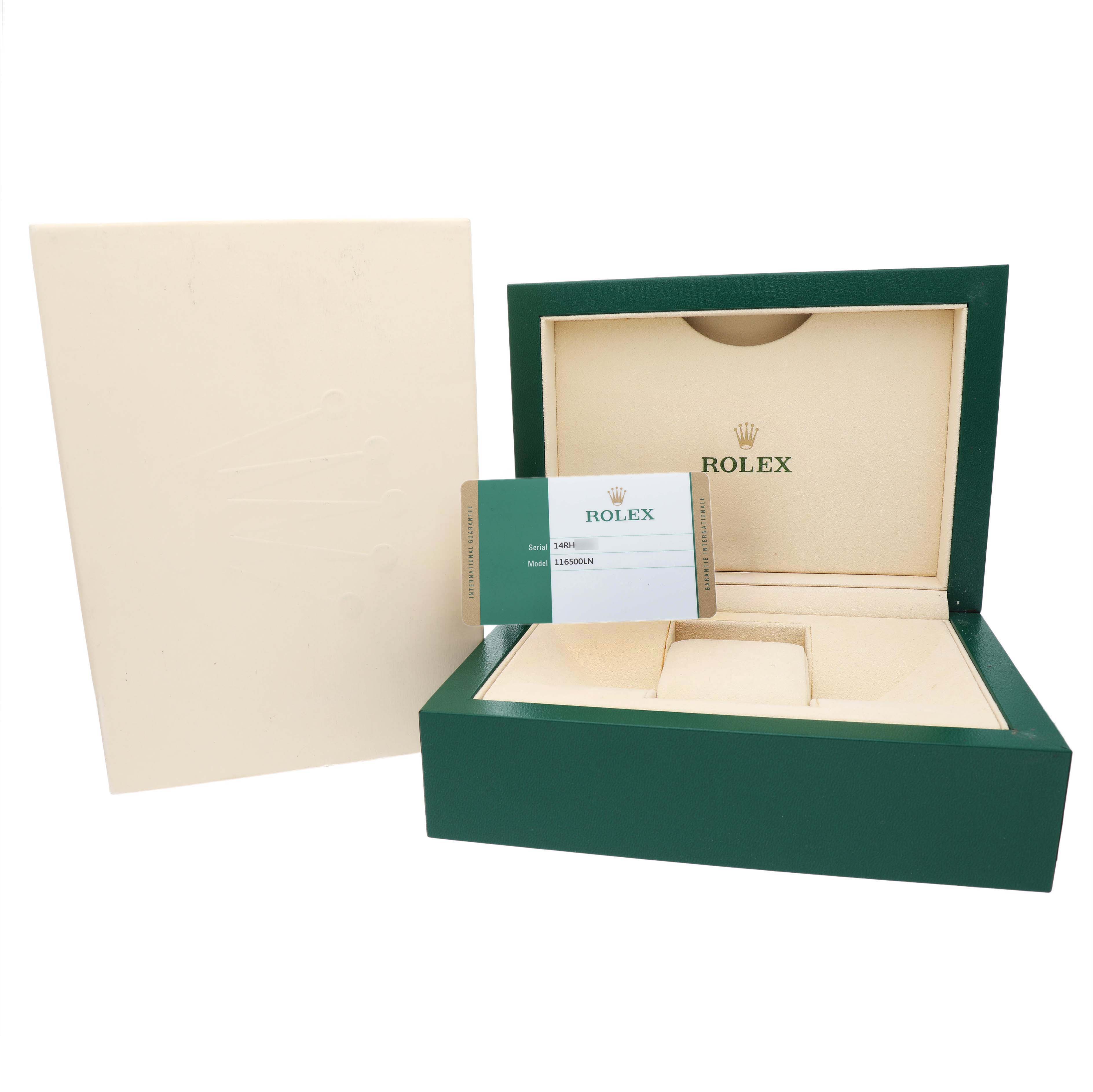 The image shows a Rolex Daytona 116500LN Men's Stainless Steel Black Dial model box and guarantee card, displayed from the front.