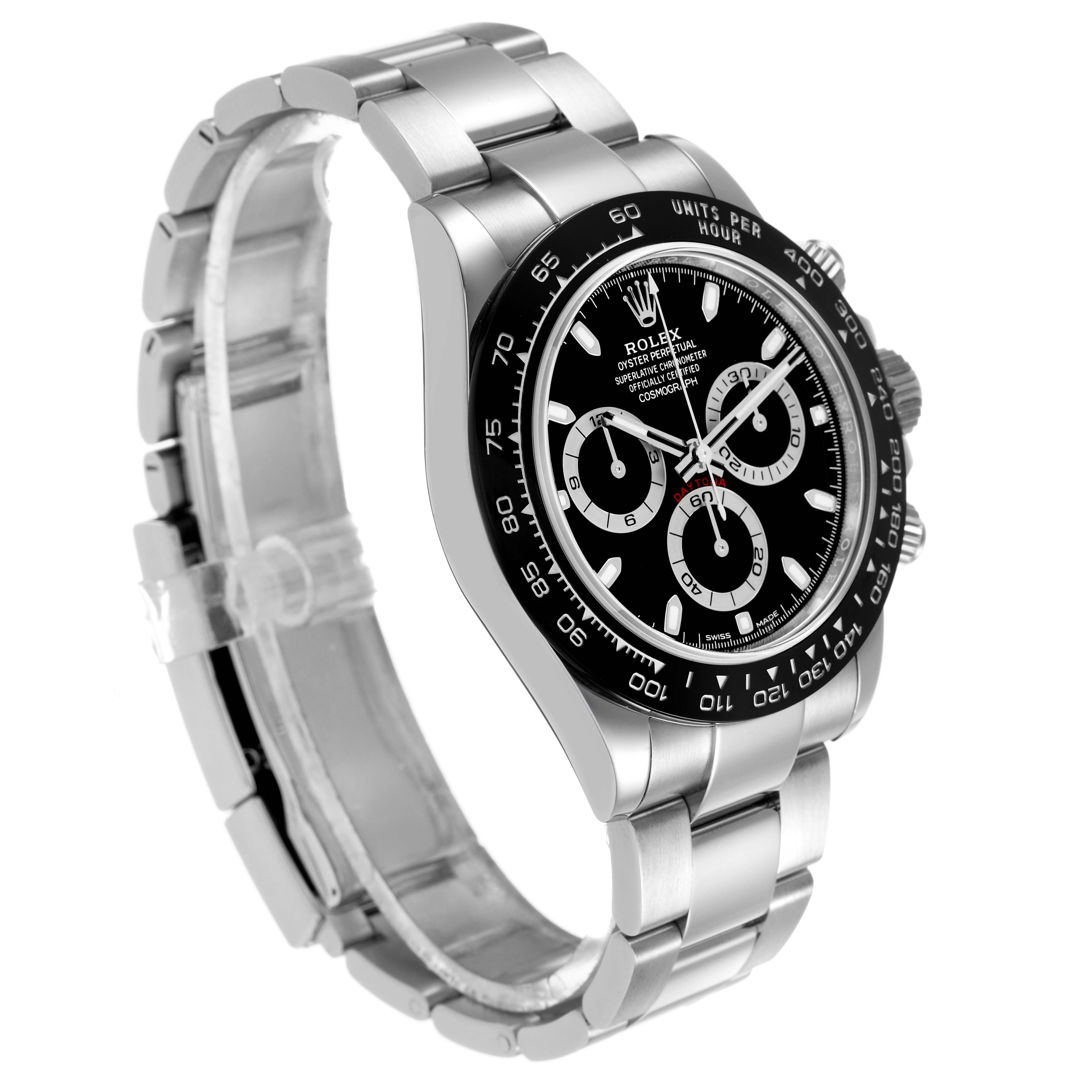 The Rolex Daytona 116500LN Men's Stainless Steel Black Dial watch is shown at a slight angle, highlighting the bezel, dial, and bracelet.