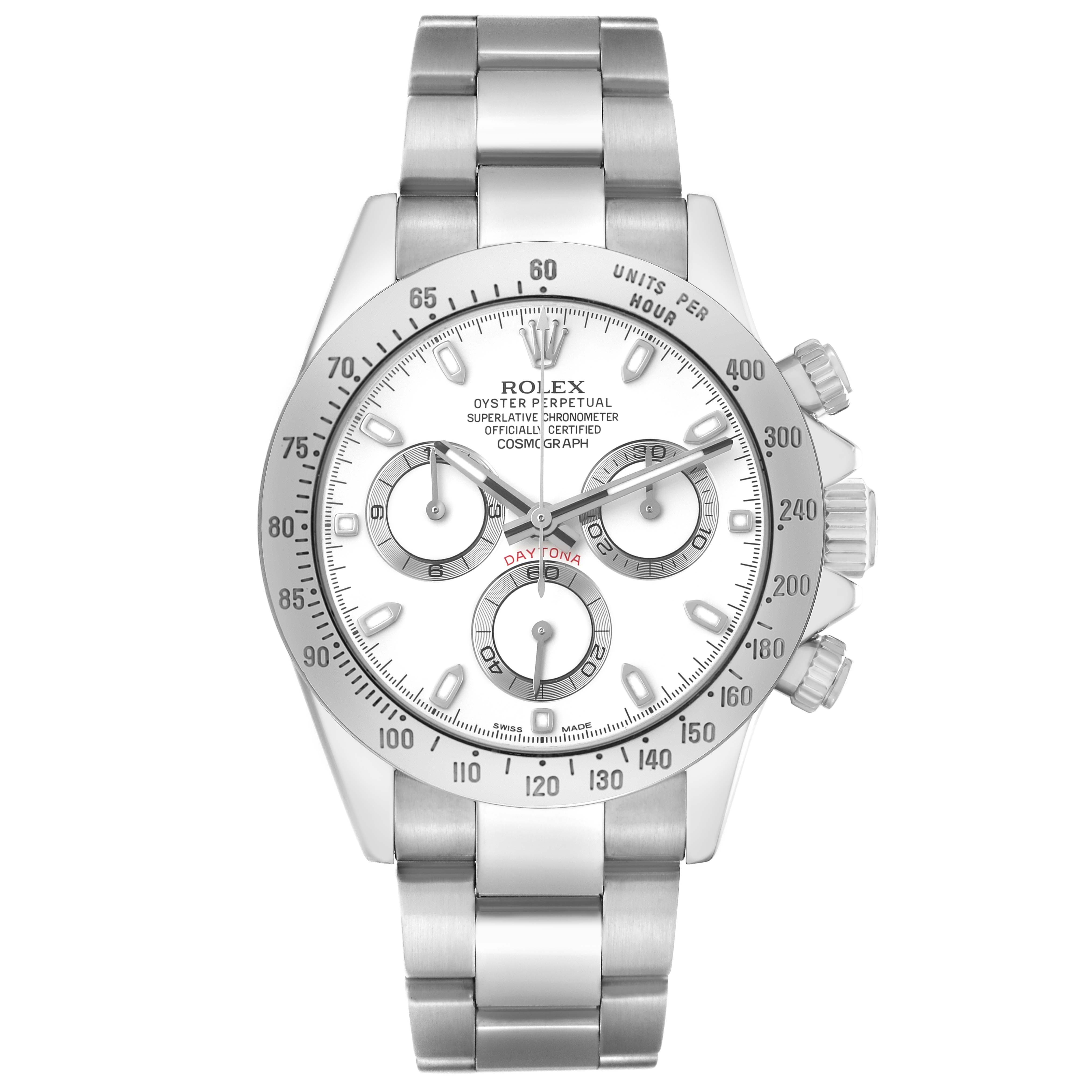 The Rolex Daytona 116520 Men's Stainless Steel White Dial watch is shown from a front angle, displaying the dial, bezel, pushers, and bracelet links.