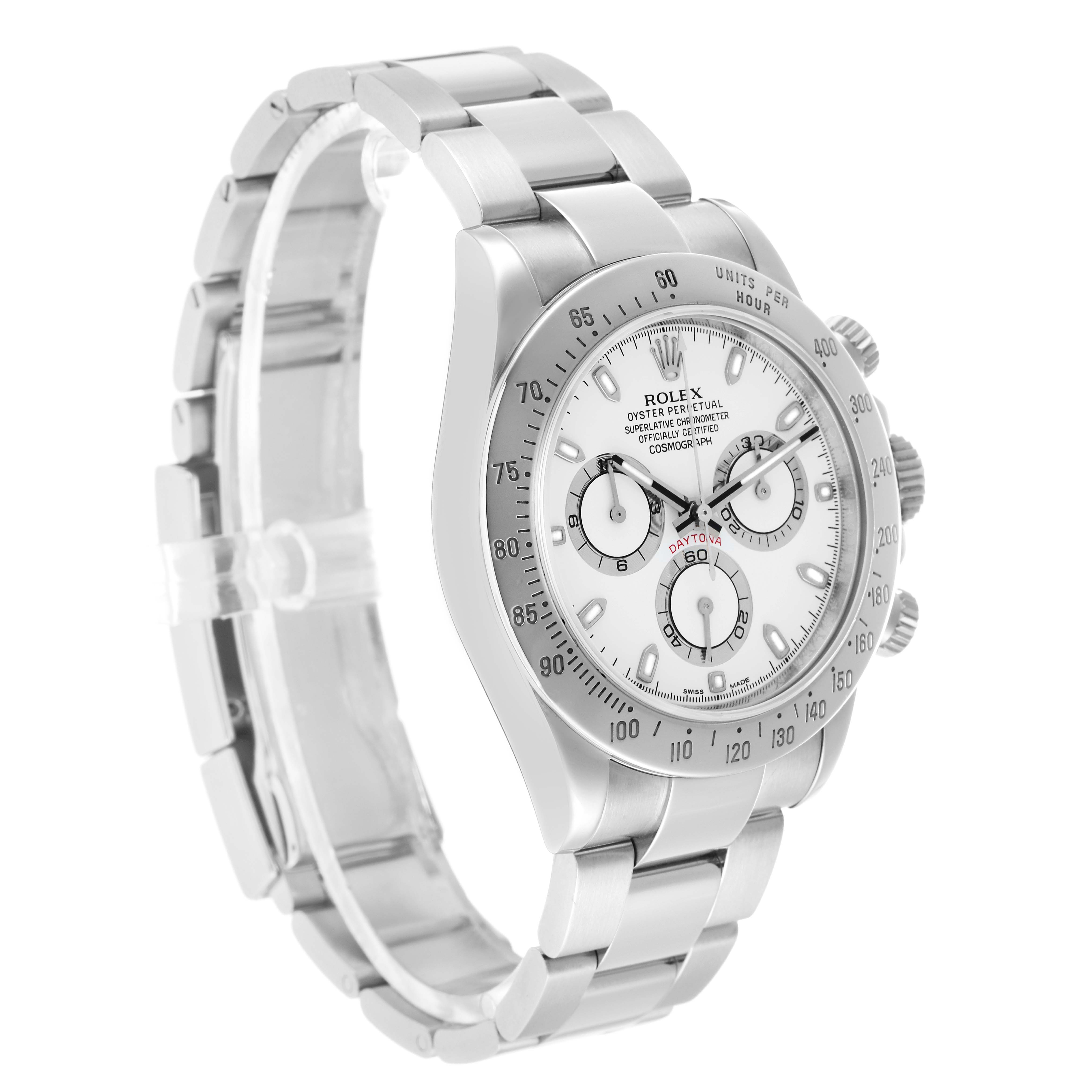 The Rolex Daytona 116520 Men's Stainless Steel White Dial watch is shown from a three-quarter angle, highlighting the dial, bezel, and bracelet.