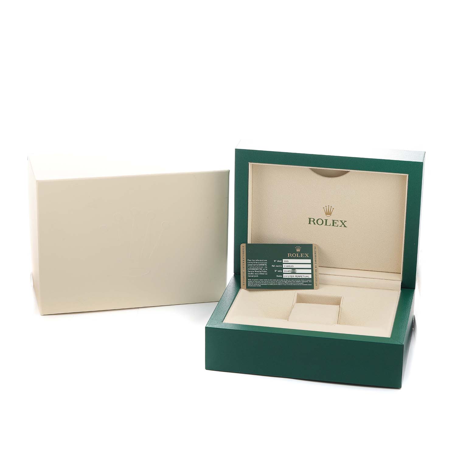 The image shows a Rolex Daytona 116520 Men's Stainless Steel White Dial box with an open lid and a warranty card displayed inside it.