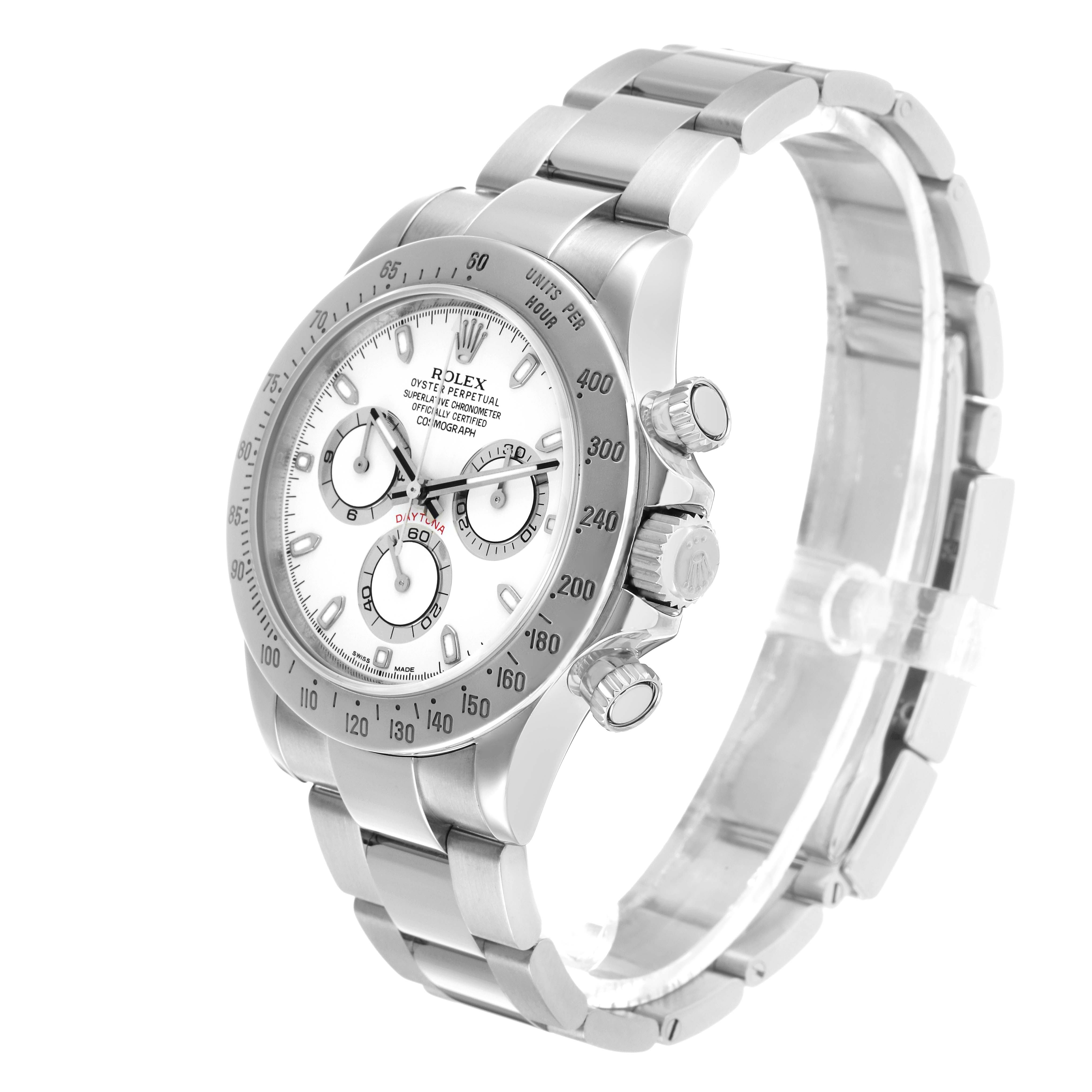 The Rolex Daytona 116520 Men's Stainless Steel White Dial watch is shown at a slight side angle, highlighting the case, bezel, crown, and bracelet.