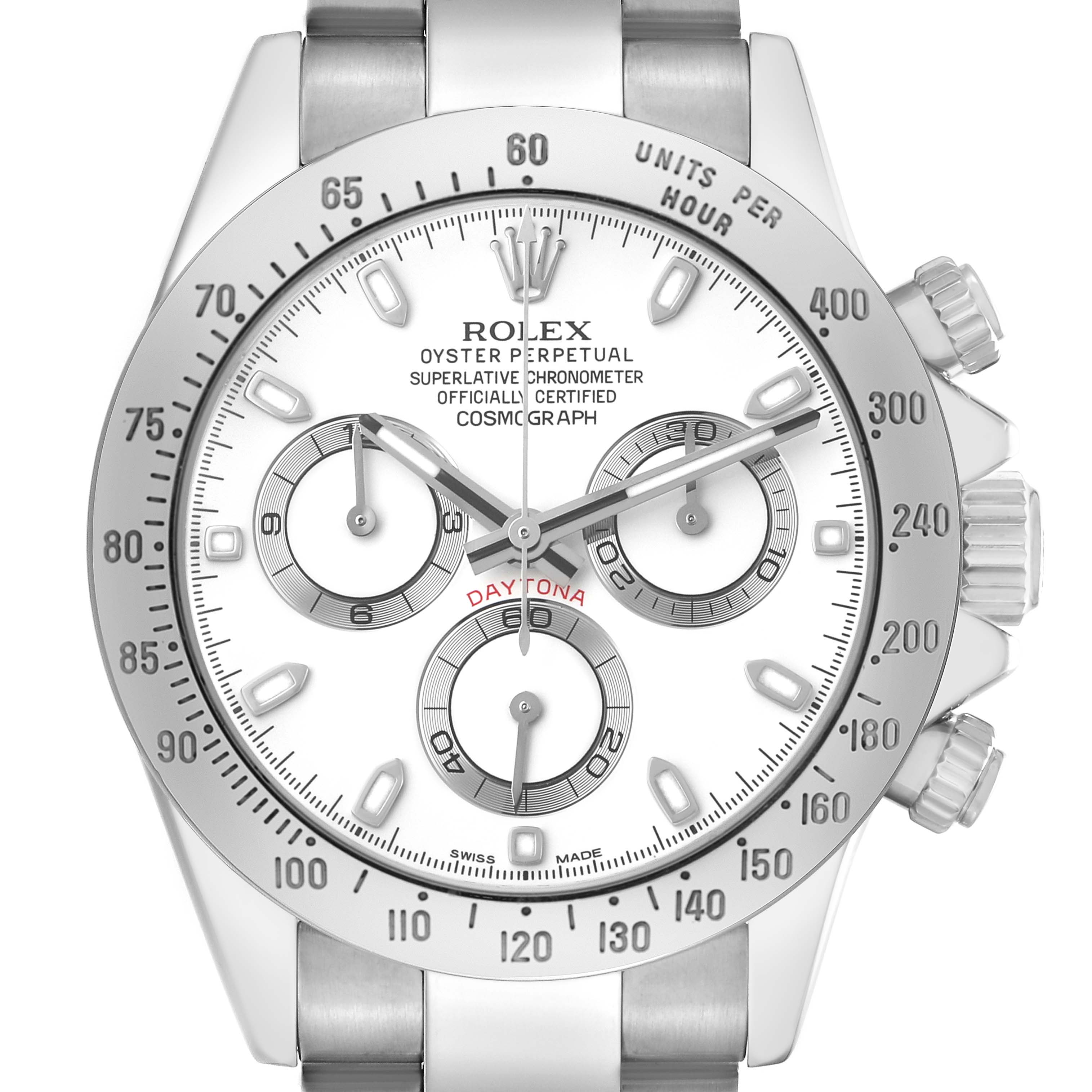 The image shows a frontal view of the Rolex Daytona 116520 Men's Stainless Steel White Dial watch, highlighting the dial, bezel, and pushers.