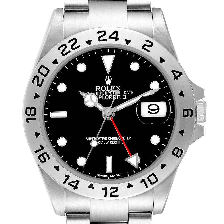 The Rolex Explorer II watch is shown from a top view, highlighting its bezel, dial, hands, date window, and crown.