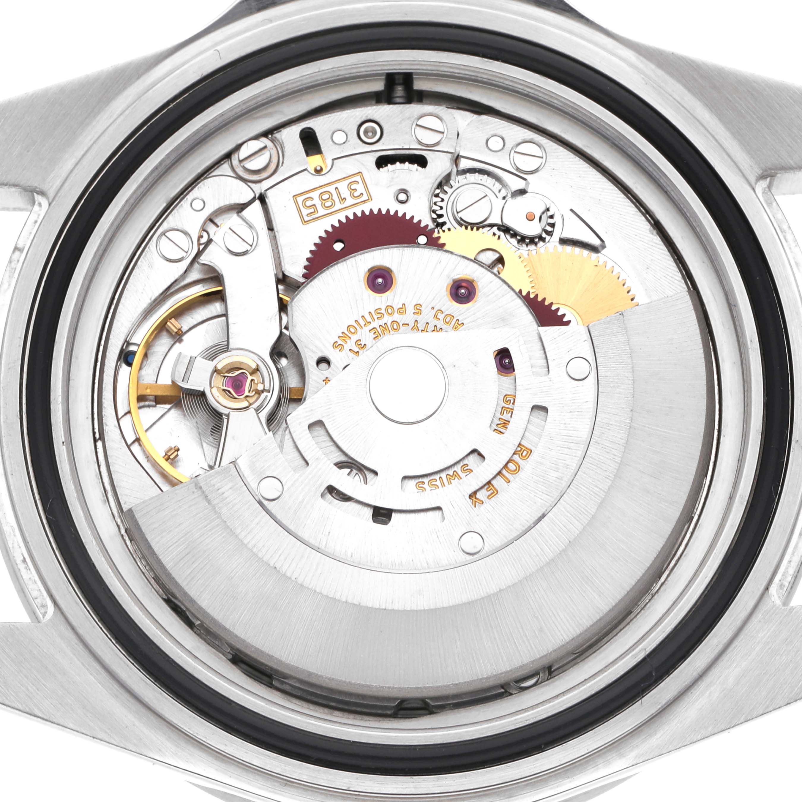 The image shows the internal movement and mechanism of a Rolex Explorer 16570 Men
s Stainless Steel Black Dial 16570 Men
s Stainless Steel Black Dial watch viewed from the back.