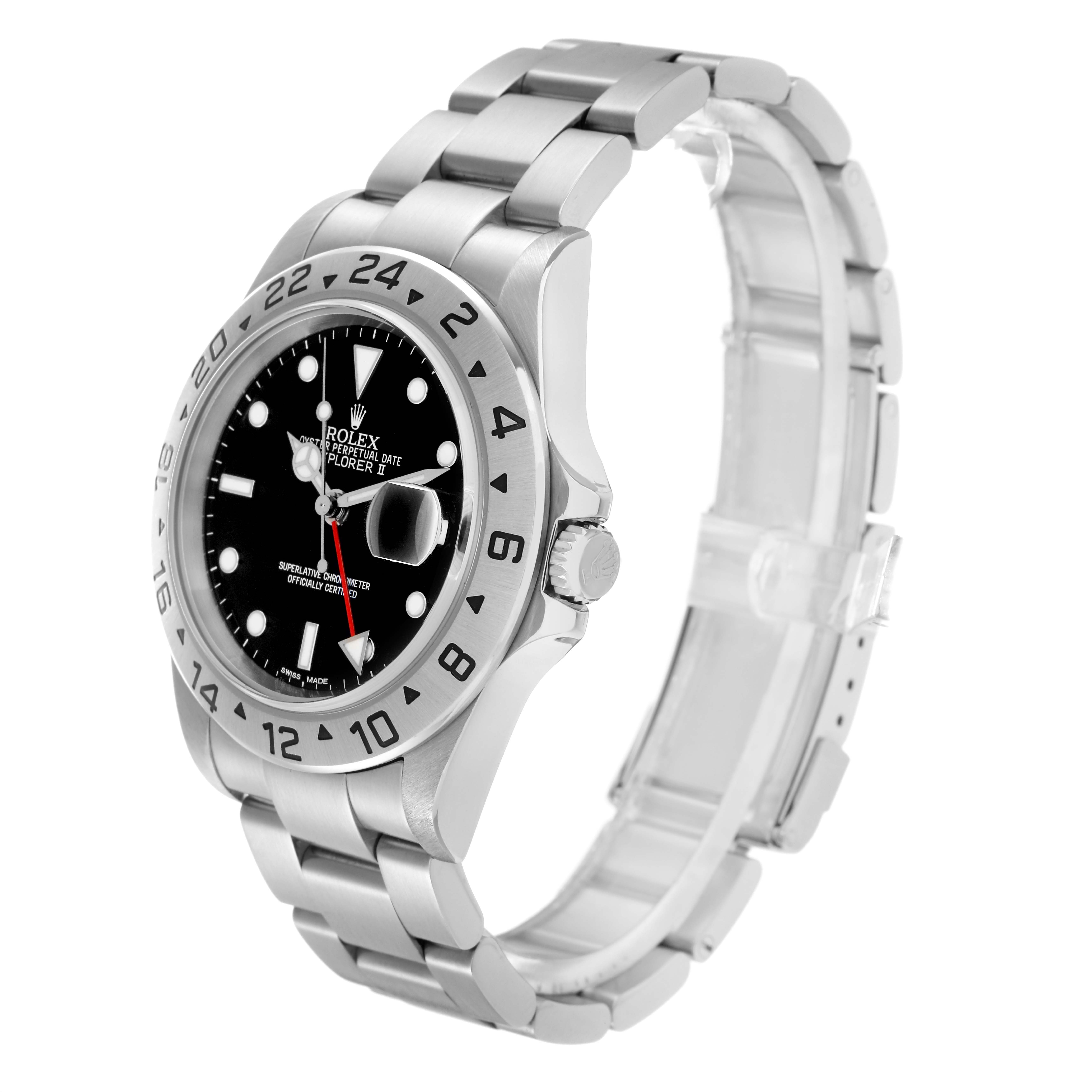 The Rolex Explorer 16570 Men
s Stainless Steel Black Dial 16570 Men
s Stainless Steel Black Dial model watch is shown at a three-quarter angle, highlighting the face, bezel, crown, and bracelet.