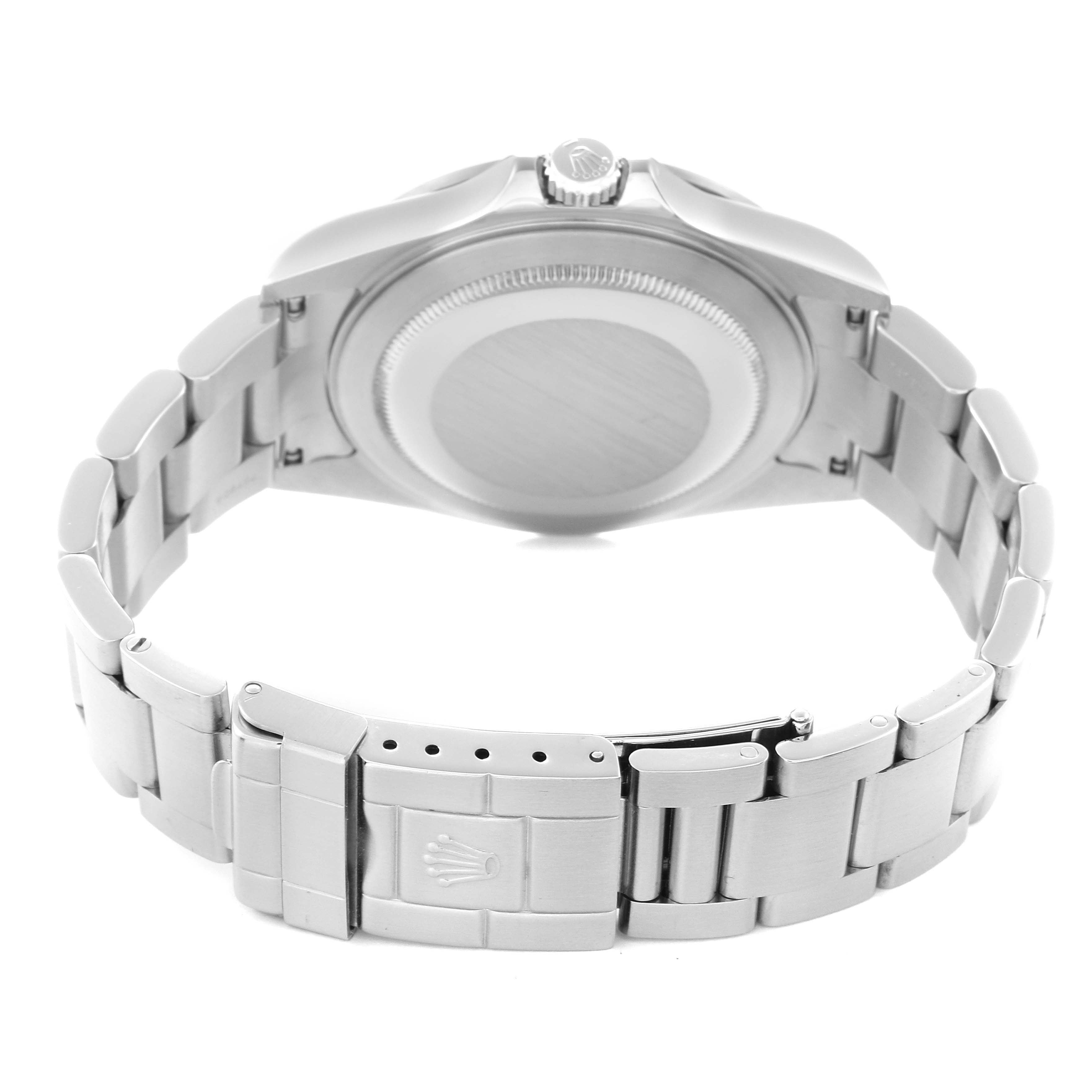 The image shows the back and bracelet of a Rolex Explorer 16570 Men
s Stainless Steel Black Dial 16570 Men
s Stainless Steel Black Dial watch, featuring the case back, clasp, and links.