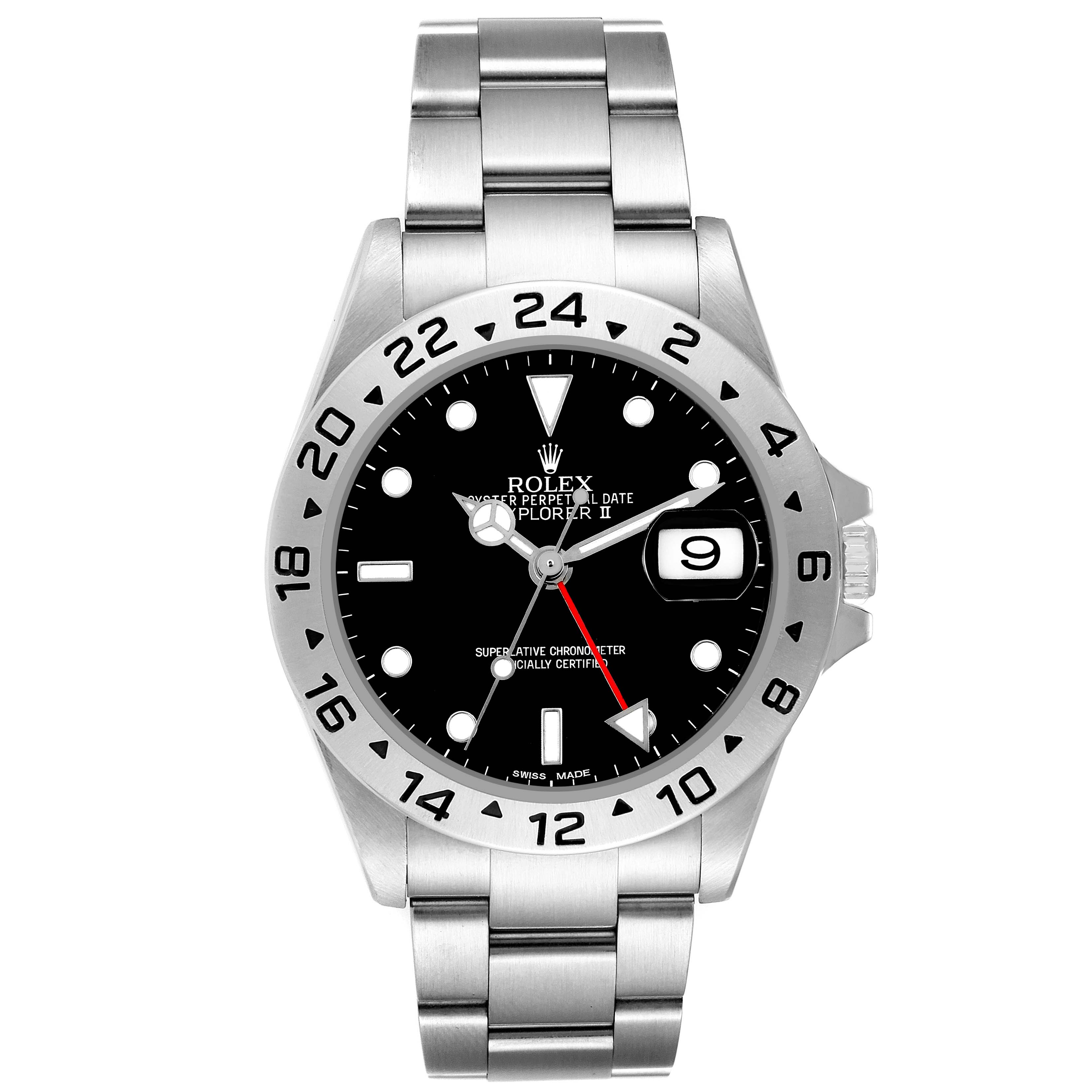 The Rolex Explorer 16570 Men
s Stainless Steel Black Dial 16570 Men
s Stainless Steel Black Dial is shown from the front, highlighting the dial, bezel, bracelet, and date display.