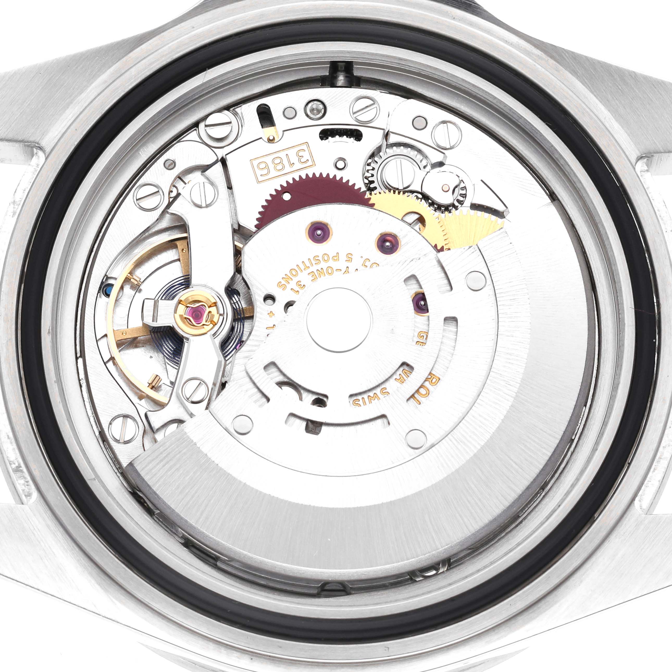 The image shows the movement of a Rolex Explorer 16570 Men
s Stainless Steel Black Dial 16570 Men
s Stainless Steel Black Dial, viewed from the back with its intricate gears and rotor visible.