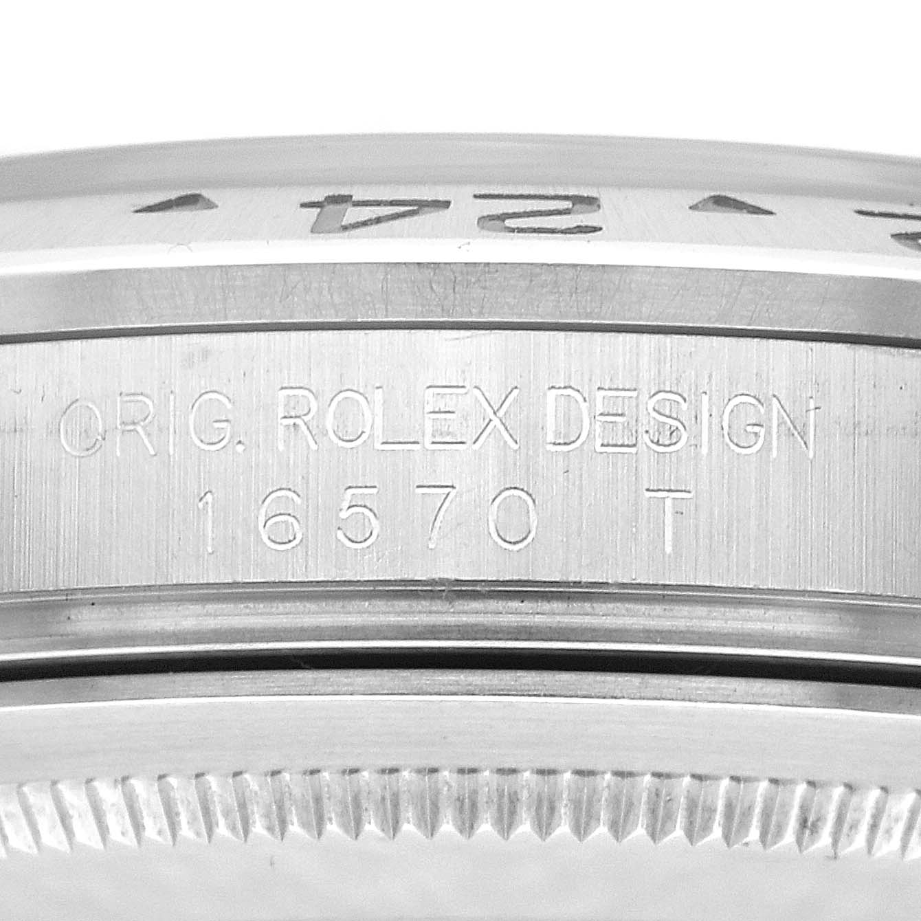 The image shows a close-up side view of the Rolex Explorer 16570 Men
s Stainless Steel Black Dial 16570 Men
s Stainless Steel Black Dial
s case, highlighting the model number 16570.