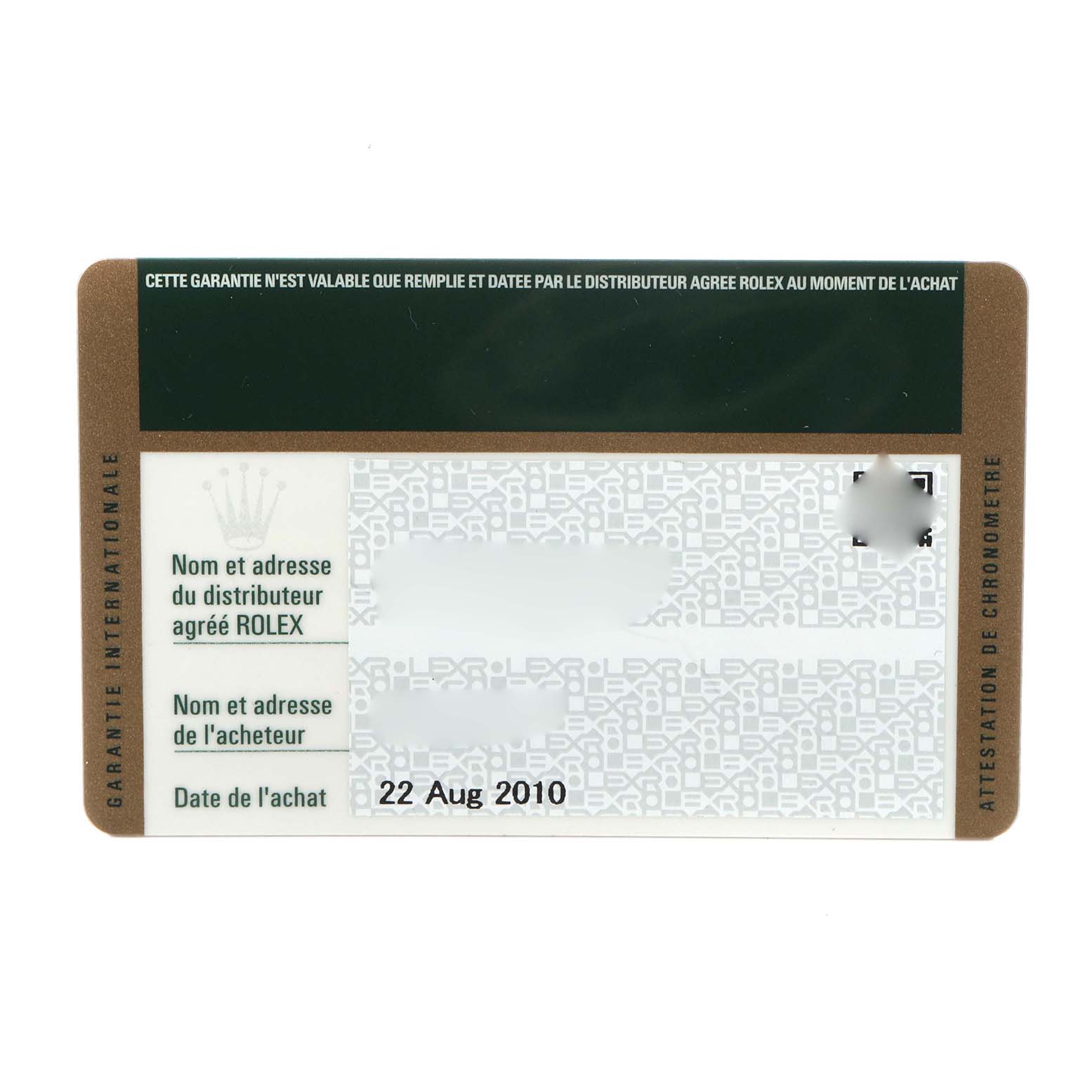 This image shows a warranty card for the Rolex Explorer 16570 Men
s Stainless Steel Black Dial 16570 Men
s Stainless Steel Black Dial model, displaying purchase details and Best Quality
ation features.