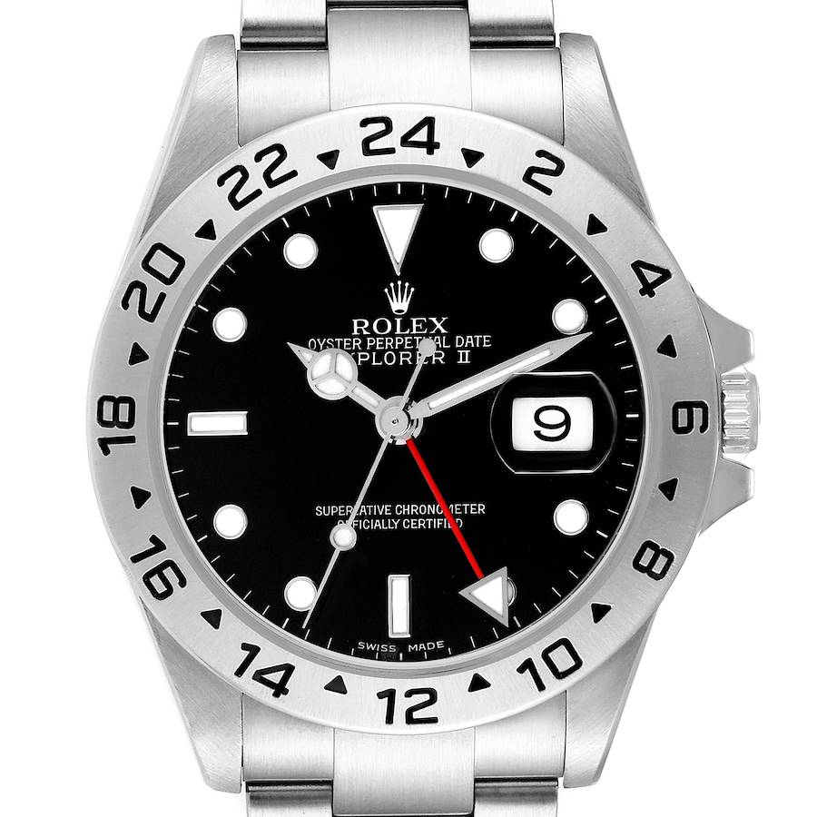 The Rolex Explorer II watch is shown from the front, highlighting the dial, bezel, hands, and bracelet.