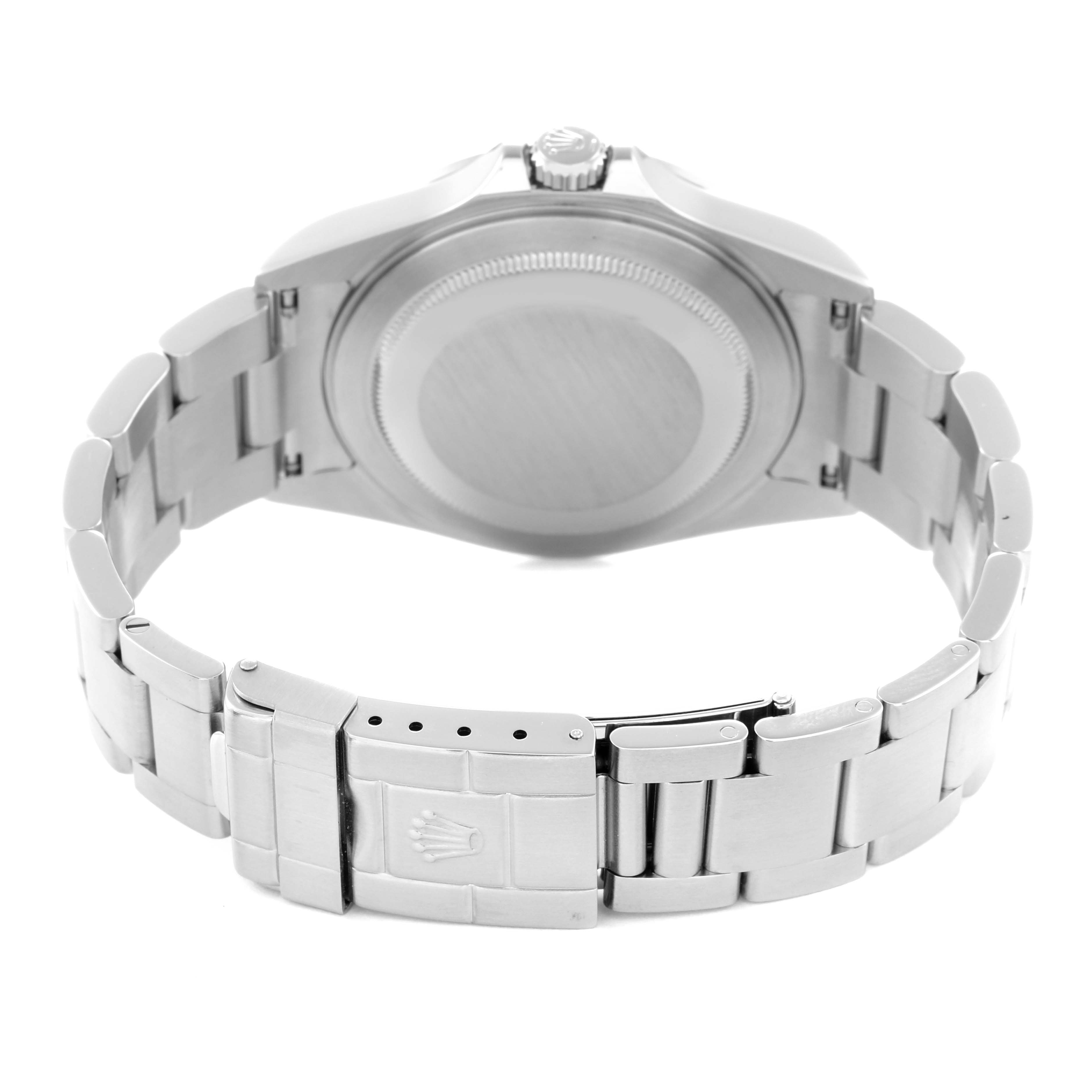 The image shows the back case and bracelet clasp of a Rolex Explorer 16570 Men
s Stainless Steel Black Dial 16570 Men
s Stainless Steel Black Dial watch.