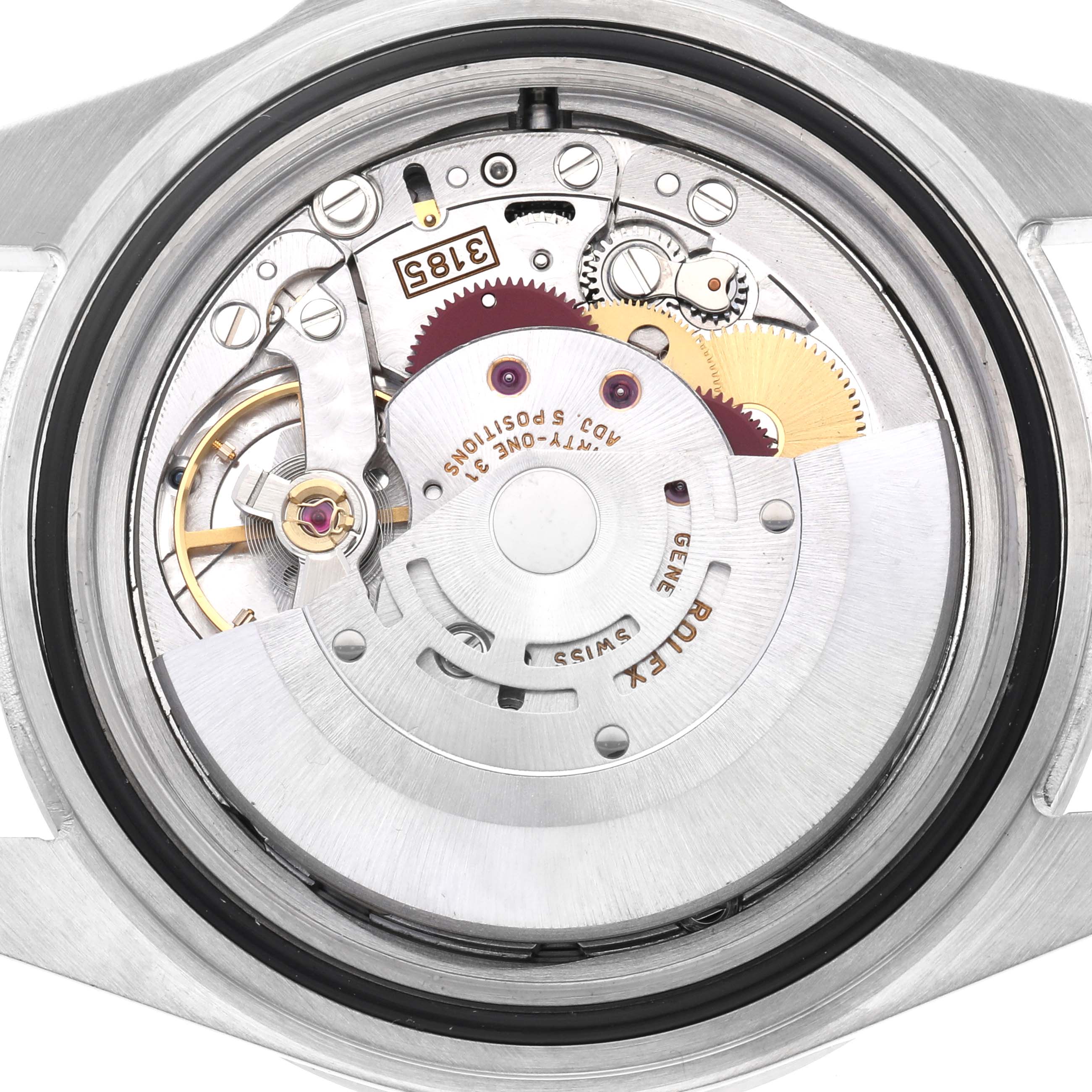 The image shows the back view of a Rolex Explorer 16570 Men
s Stainless Steel Black Dial 16570 Men
s Stainless Steel Black Dial watch, highlighting its intricate movement and rotor mechanism.