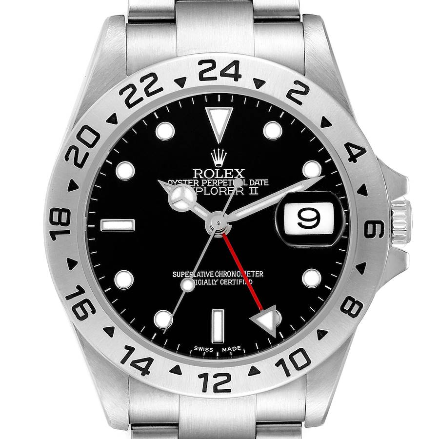 This image shows a front view of the Rolex Explorer II watch, highlighting the bezel, dial, and date window.