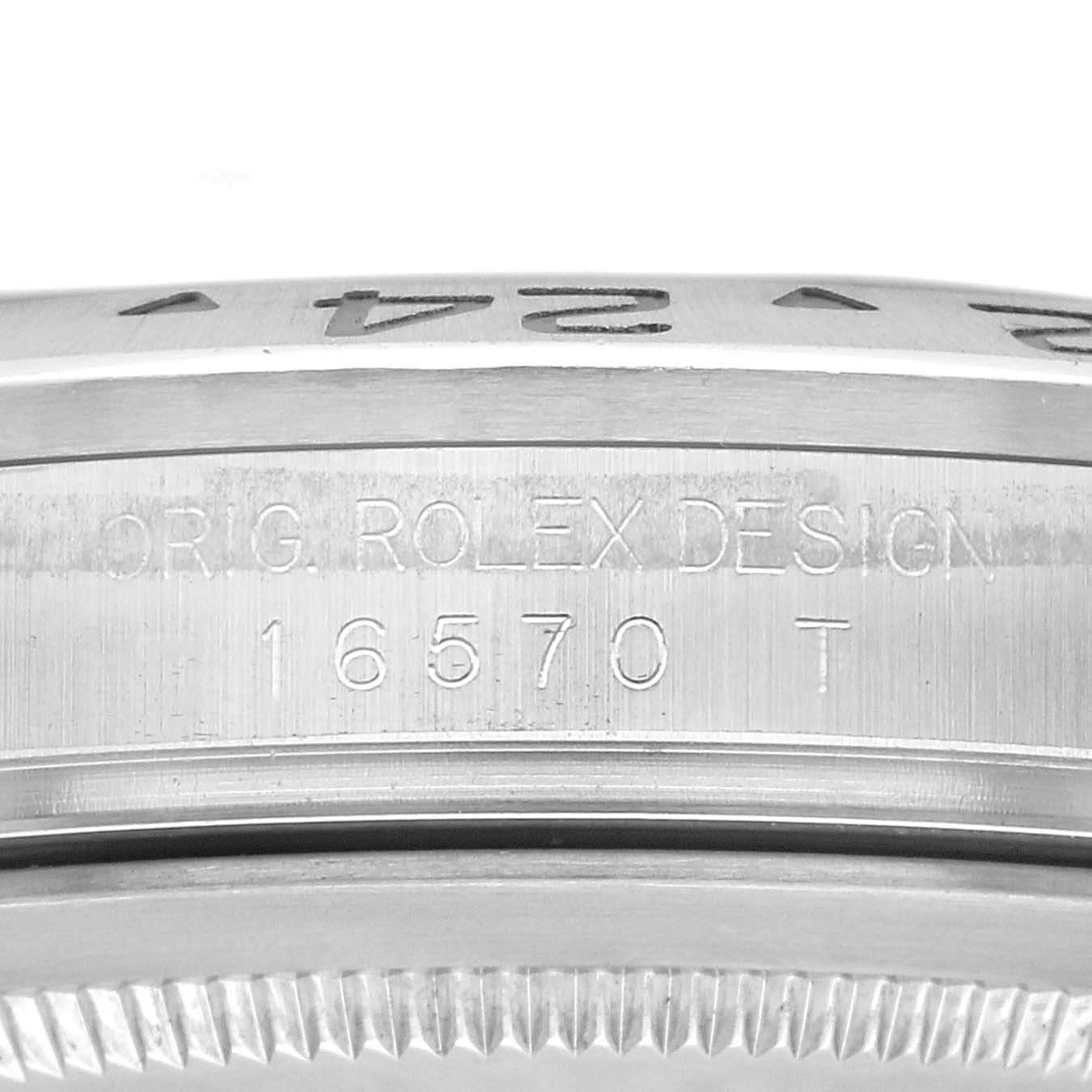 The image shows a close-up of the Rolex Explorer 16570 Men
s Stainless Steel Black Dial 16570 Men
s Stainless Steel Black Dial
s bezel and case side, highlighting the engraved model number "16570."