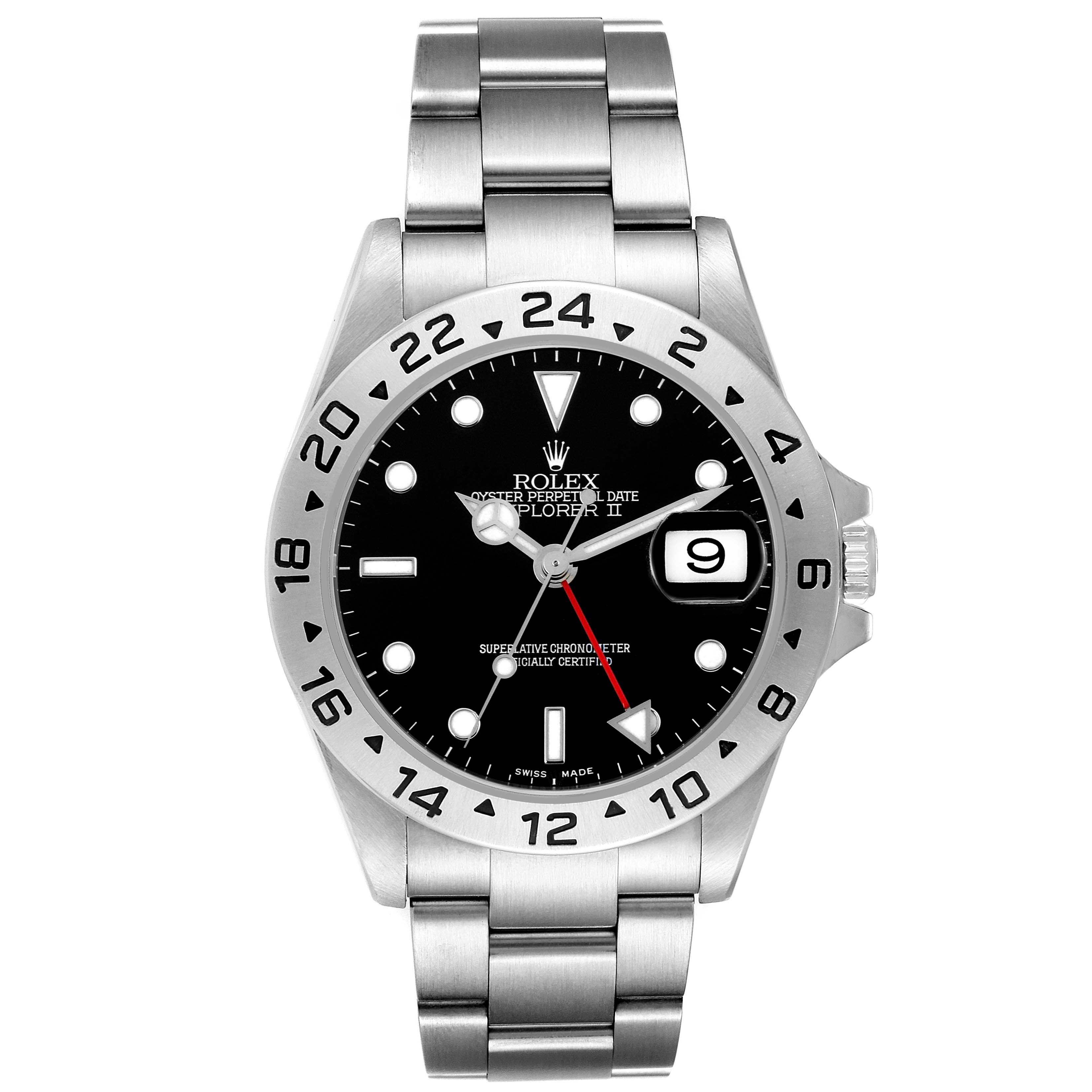 The Rolex Explorer 16570 Men
s Stainless Steel Black Dial 16570 Men
s Stainless Steel Black Dial watch is shown from a front angle, highlighting its black dial, date window, and bezel.