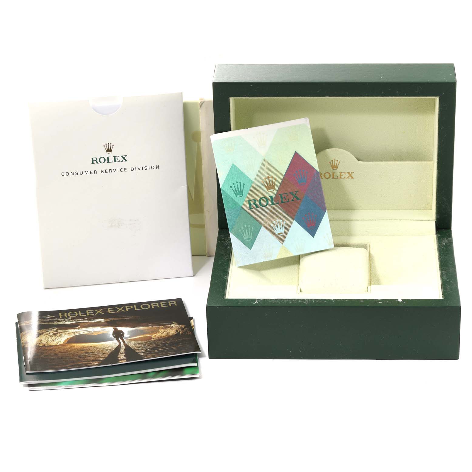 The image shows a Rolex Explorer 16570 Men
s Stainless Steel Black Dial 16570 Men
s Stainless Steel Black Dial model watch box, manuals, and warranty card from a slightly elevated front angle.