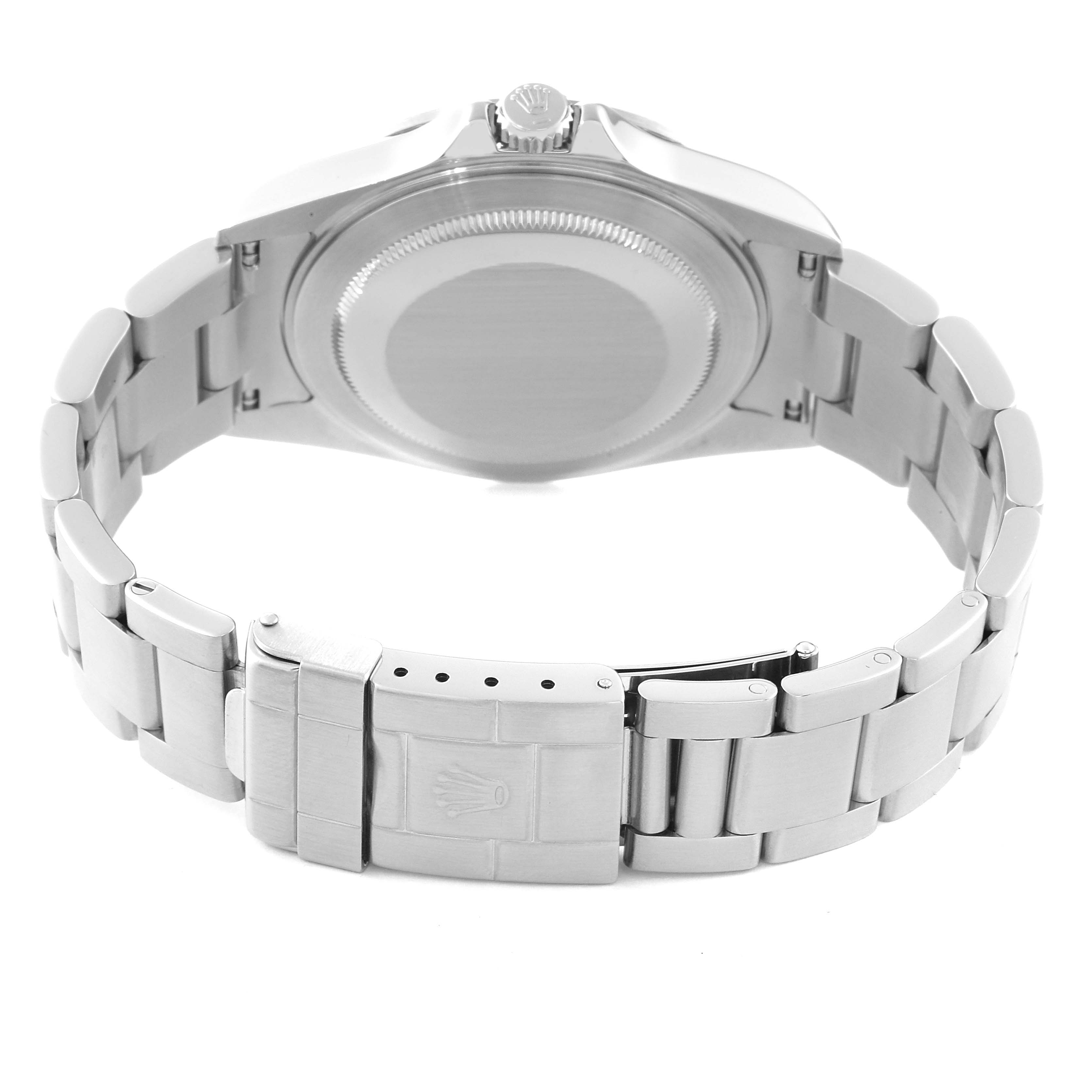 The image shows the back case and bracelet clasp of a Rolex Explorer 16570 Men
s Stainless Steel Black Dial 16570 Men
s Stainless Steel Black Dial watch, viewed from the rear.