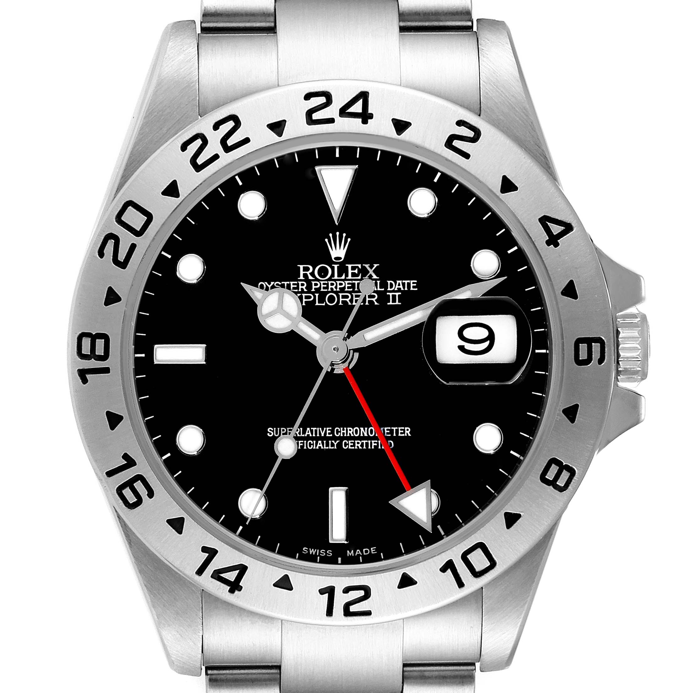 The image shows a front view of a Rolex Explorer 16570 Men
s Stainless Steel Black Dial 16570 Men
s Stainless Steel Black Dial watch, highlighting the dial, bezel, hands, and date window.