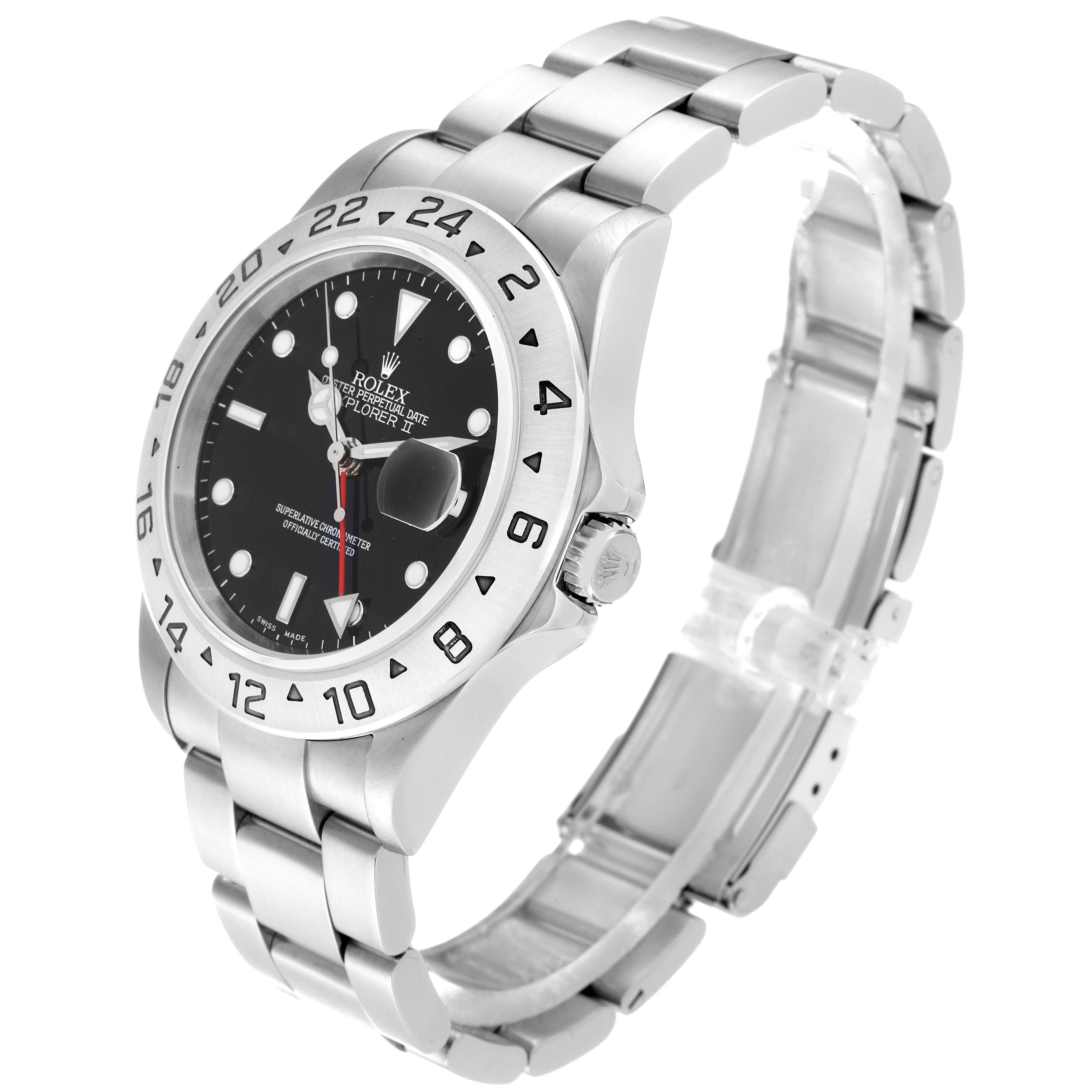 The image shows a side angle of a Rolex Explorer 16570 Men
s Stainless Steel Black Dial 16570 Men
s Stainless Steel Black Dial watch, highlighting the dial, bezel, and bracelet.