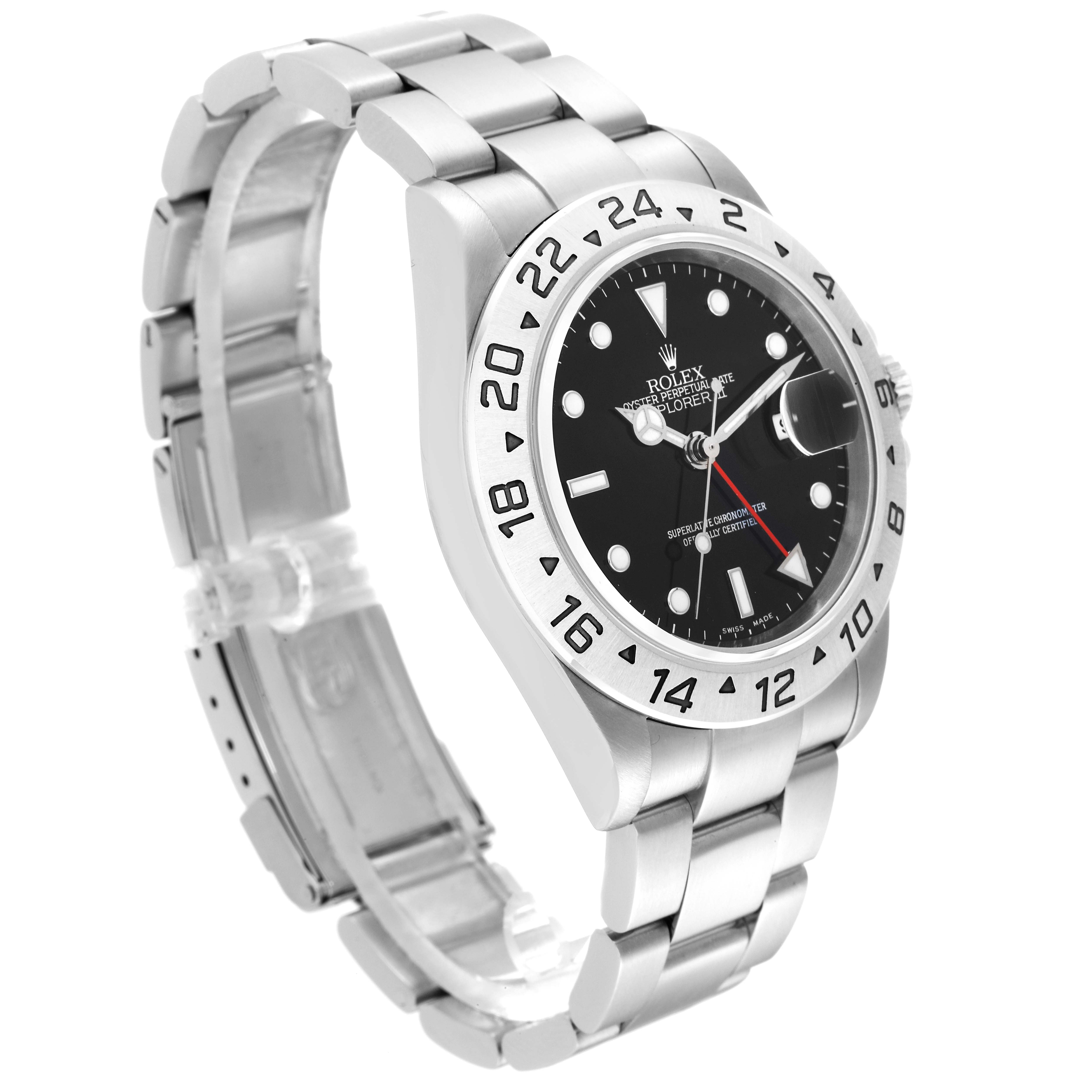 This image shows a Rolex Explorer 16570 Men
s Stainless Steel Black Dial 16570 Men
s Stainless Steel Black Dial model watch at a three-quarter angle, highlighting its face, bezel, and bracelet.