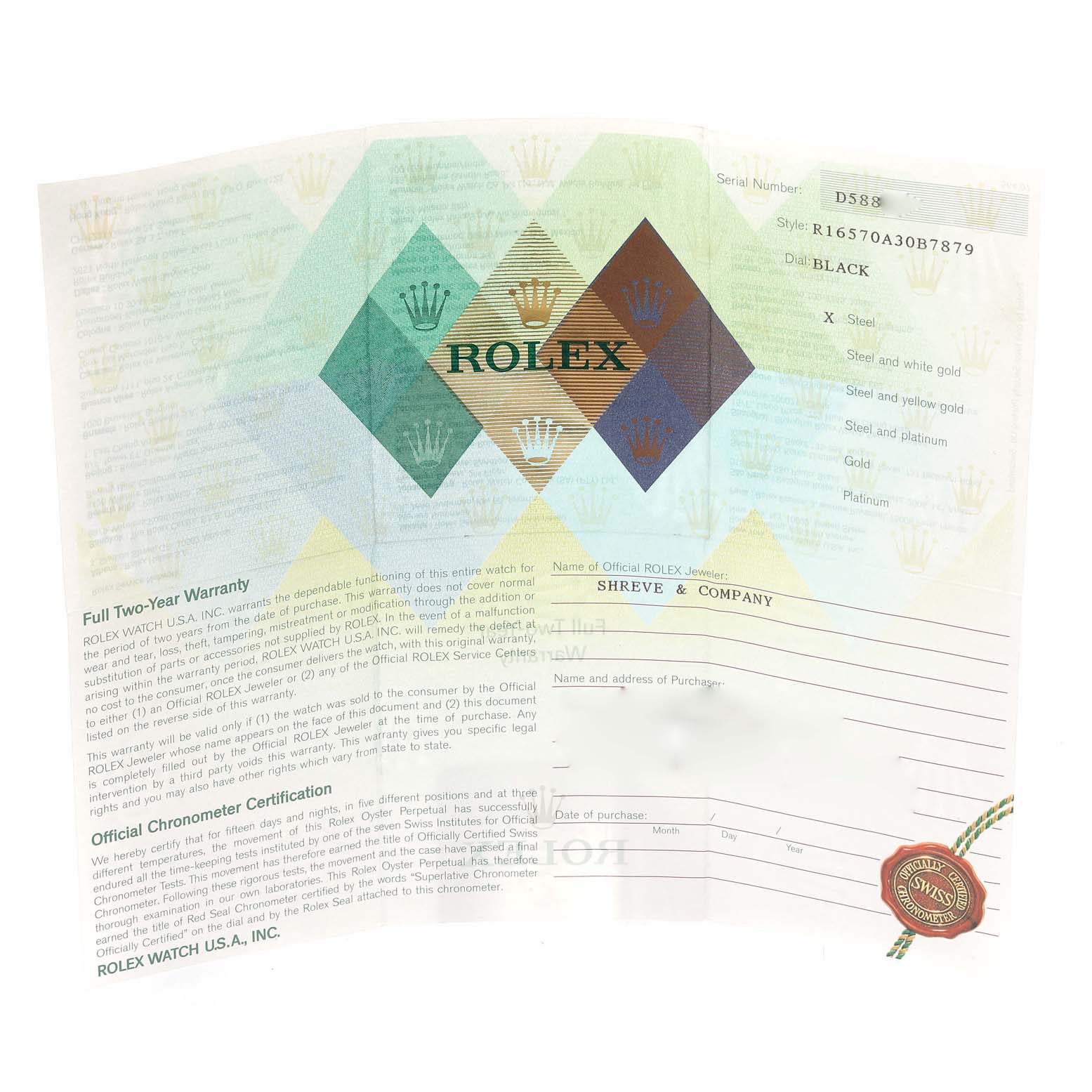 The image shows the warranty and certification documents for a Rolex Explorer 16570 Men
s Stainless Steel Black Dial 16570 Men
s Stainless Steel Black Dial model.