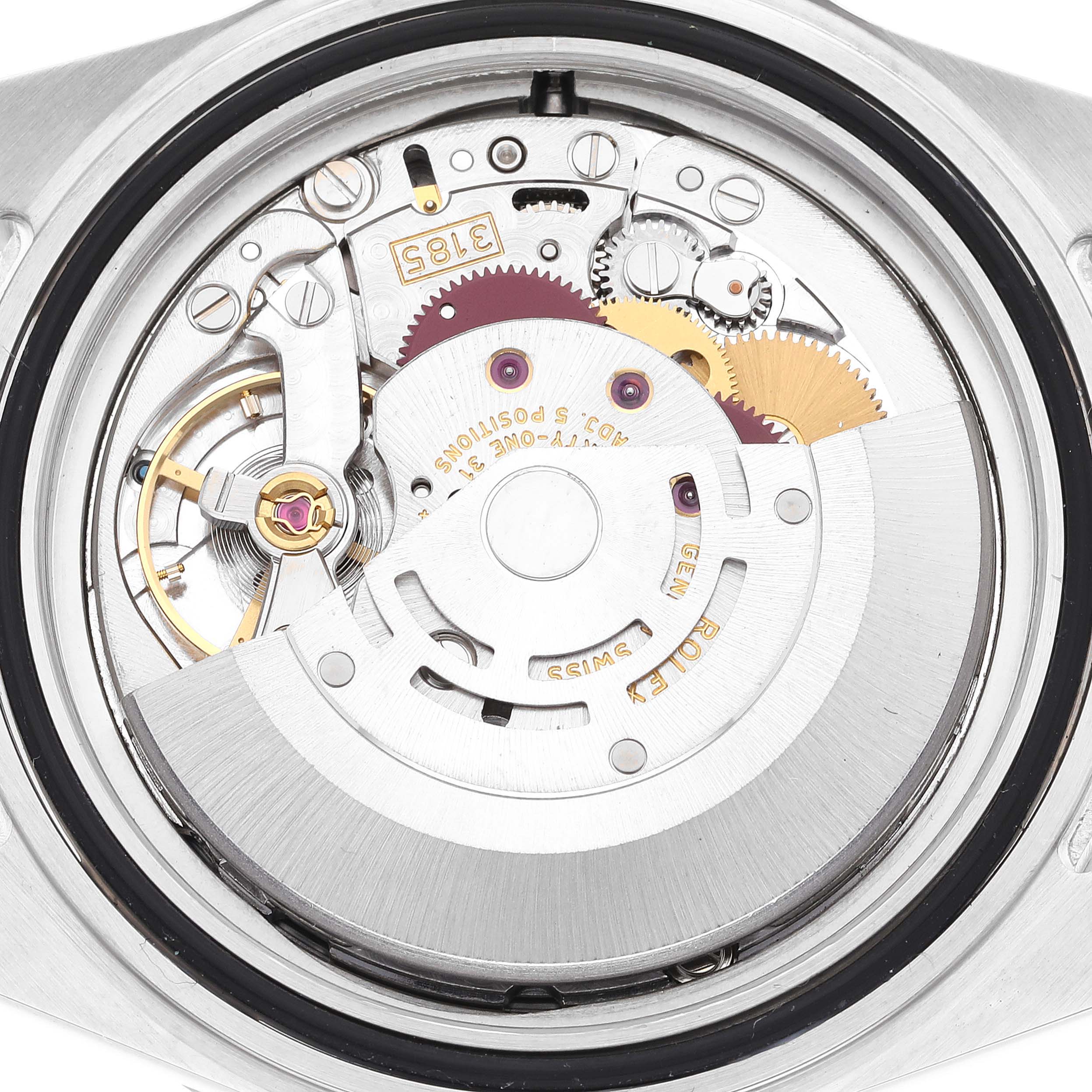 This image shows the movement mechanism of a Rolex Explorer 16570 Men
s Stainless Steel Black Dial 16570 Men
s Stainless Steel Black Dial watch from a rear angle.