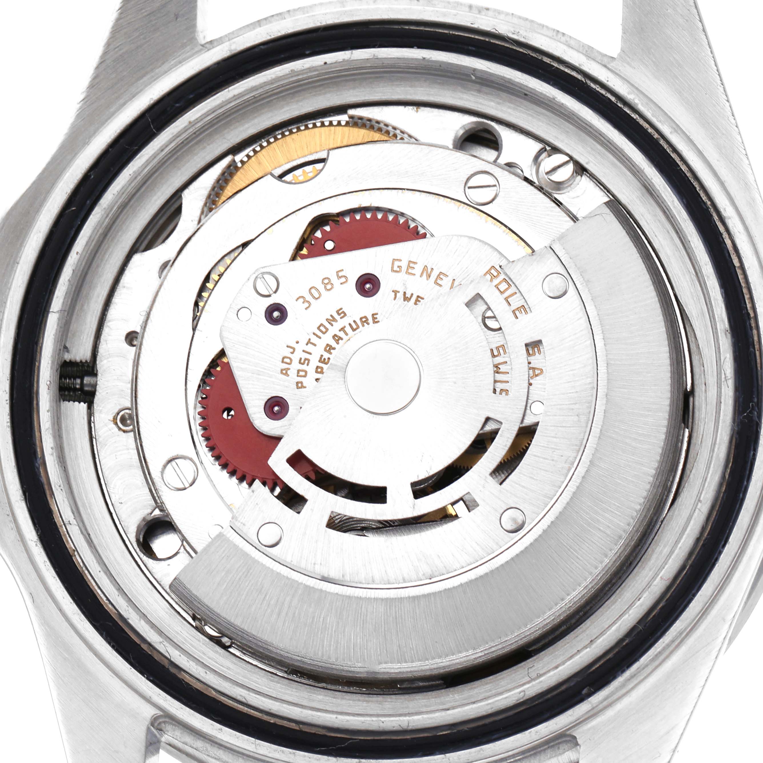 The image shows the internal mechanism of a Rolex Explorer 16550 Men
s Stainless Steel White Dial 16550 Men
s Stainless Steel White Dial watch, viewed from the back with the rotor and movement components visible.