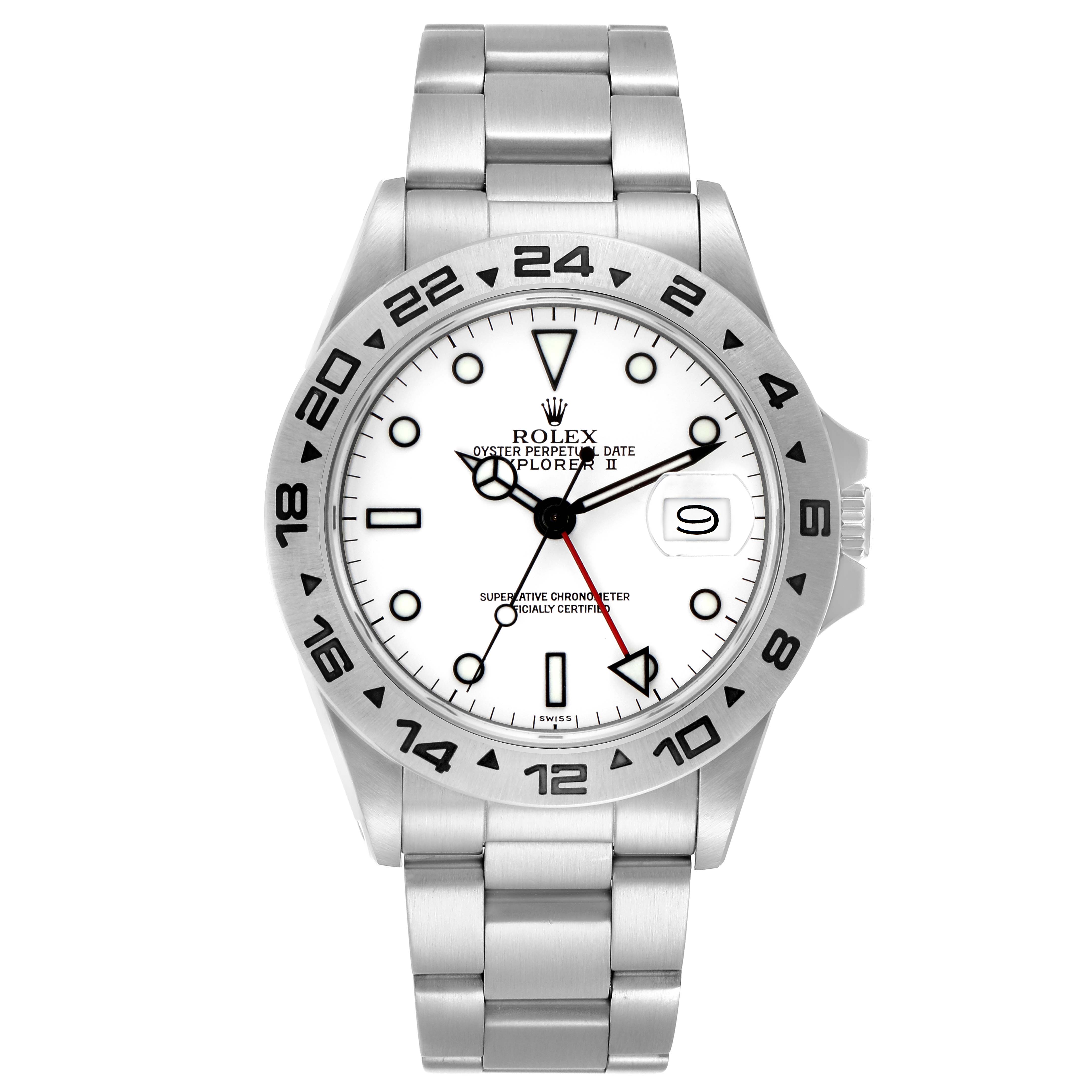 The Rolex Explorer 16550 Men
s Stainless Steel White Dial 16550 Men
s Stainless Steel White Dial model is shown from the front, displaying its dial, bezel, bracelet, and crown.