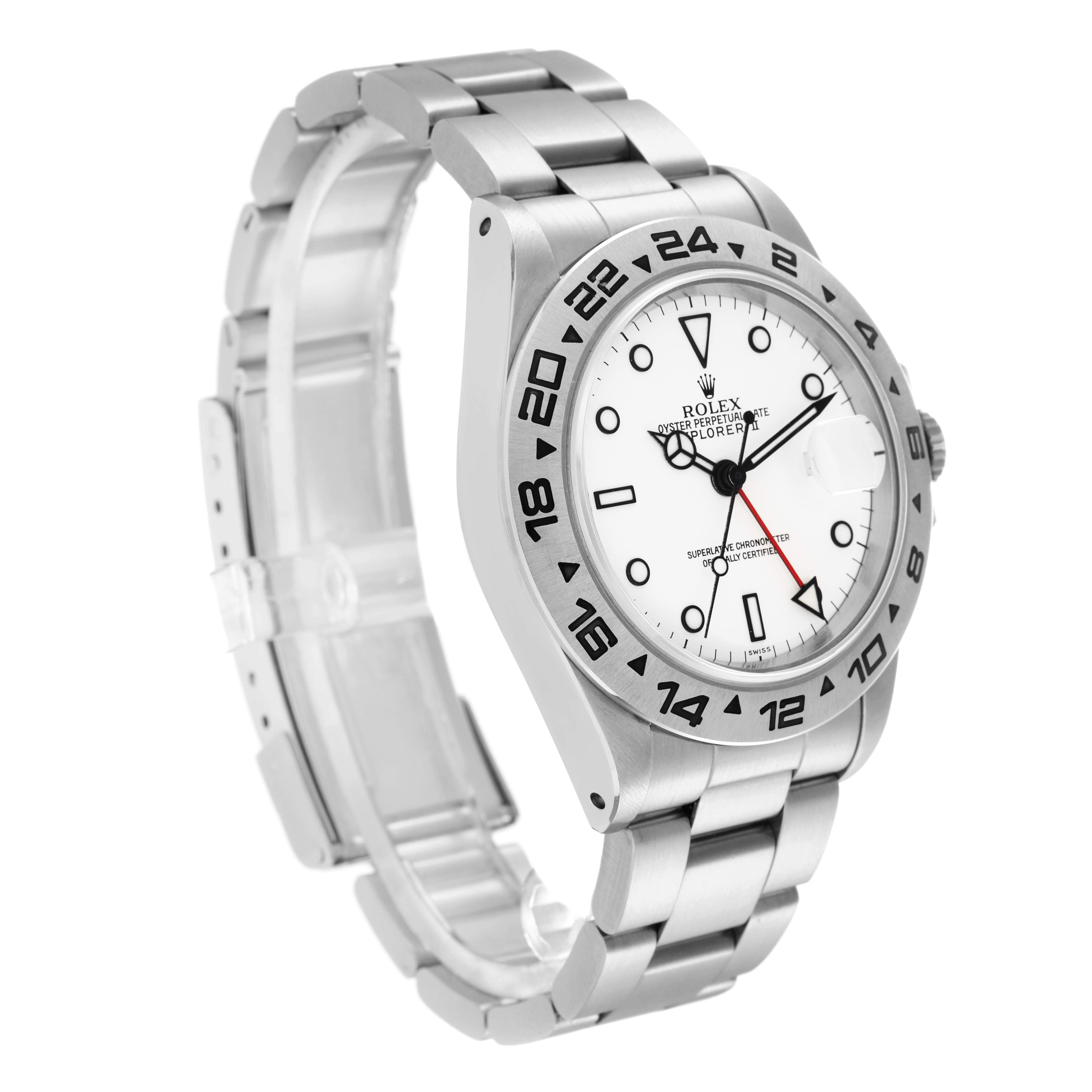 The image shows a Rolex Explorer 16550 Men
s Stainless Steel White Dial 16550 Men
s Stainless Steel White Dial watch at a three-quarter angle, showcasing its face, bezel, bracelet, and crown.