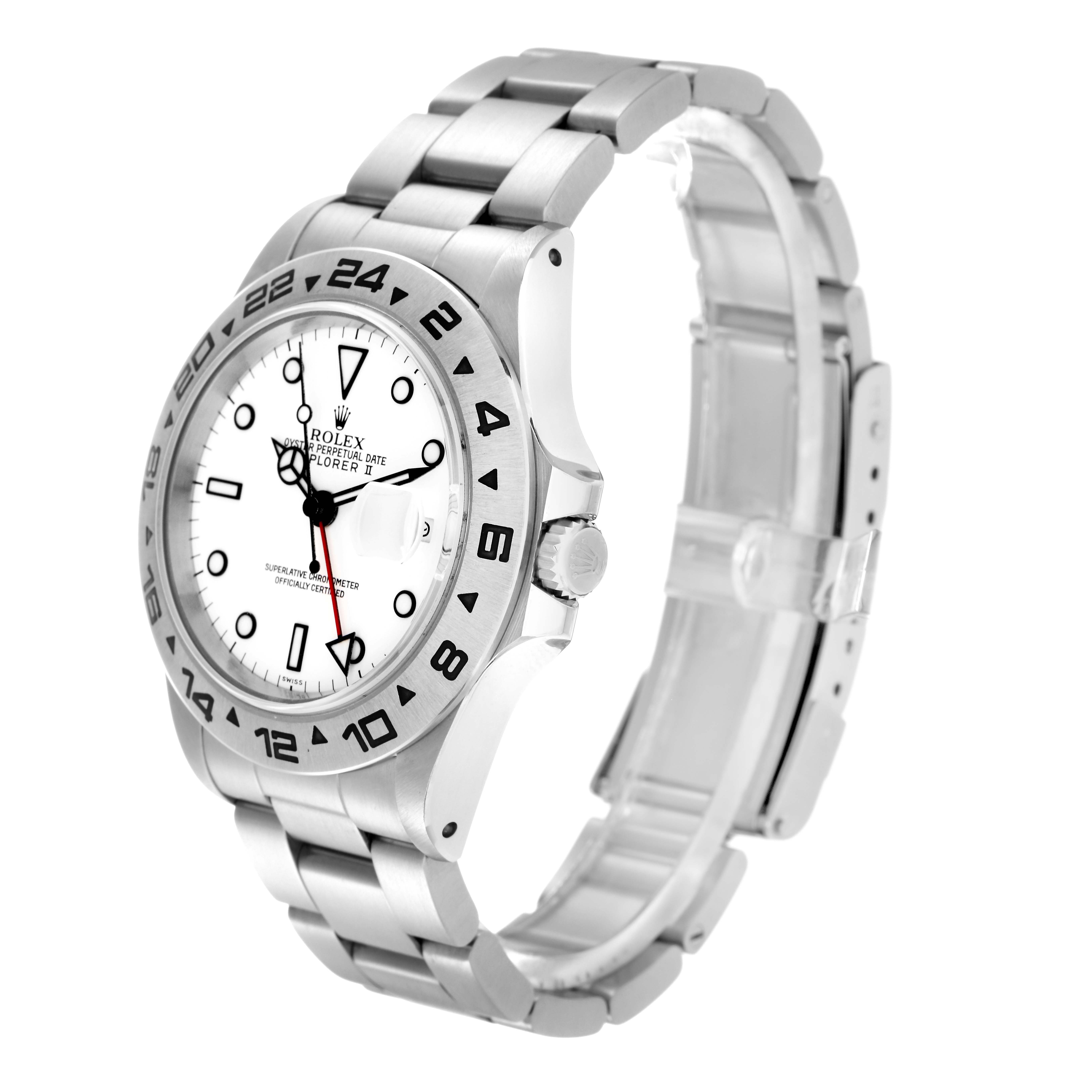 The Rolex Explorer 16550 Men
s Stainless Steel White Dial 16550 Men
s Stainless Steel White Dial watch is shown at a three-quarter angle, highlighting the face, bezel, crown, and bracelet.